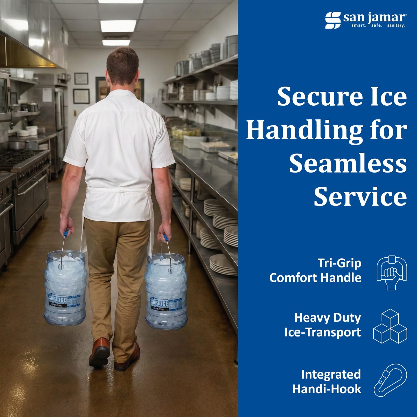 San Jamar Saf-T-Ice Ice Tote with Ice Machine Hanger for Bars, Restaurants, Kitchens, and Fast Food, Polycarbonate, 6 Gallons, Blue, (Pack of 2)