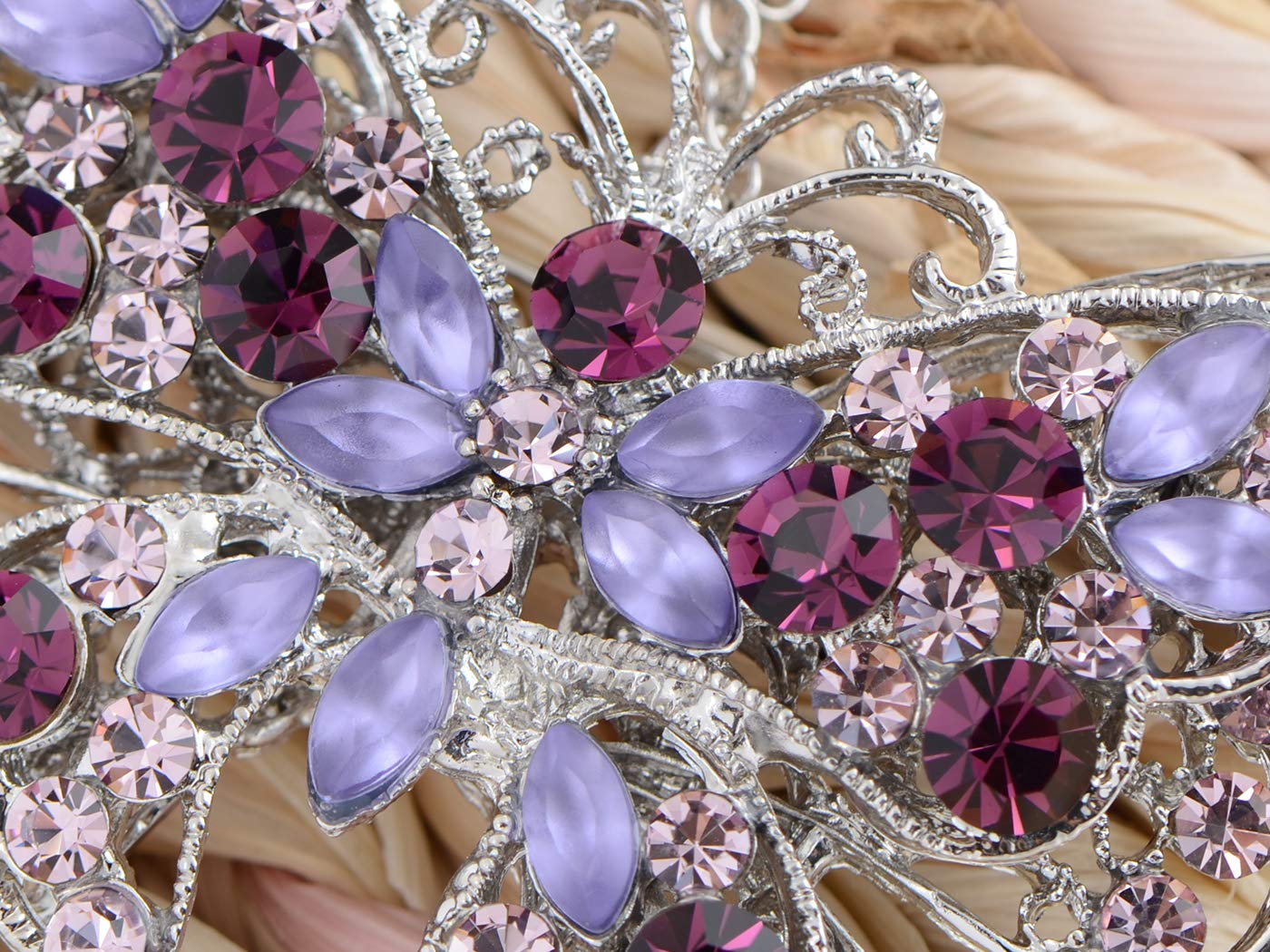 ALILANG Silvery Tone Crystal Rhinestone Hollow Out Butterfly Brooch Pin, Purple