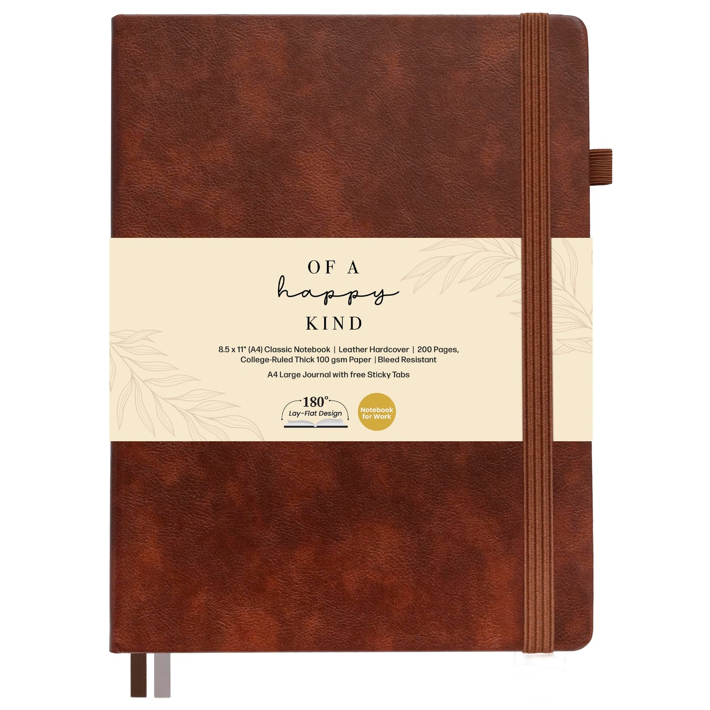 Classic Lined Journal Notebook 8.5x11" A4 Hardcover Leather - Brown - 200 Pages College Ruled Large with Sticky Tabs, Pockets, and Pen Loop for Writing and Journaling - Big Hardback Men and Women