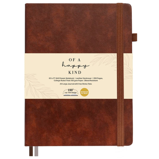 Classic Lined Journal Notebook 8.5x11" A4 Hardcover Leather - Brown - 200 Pages College Ruled Large with Sticky Tabs, Pockets, and Pen Loop for Writing and Journaling - Big Hardback Men and Women