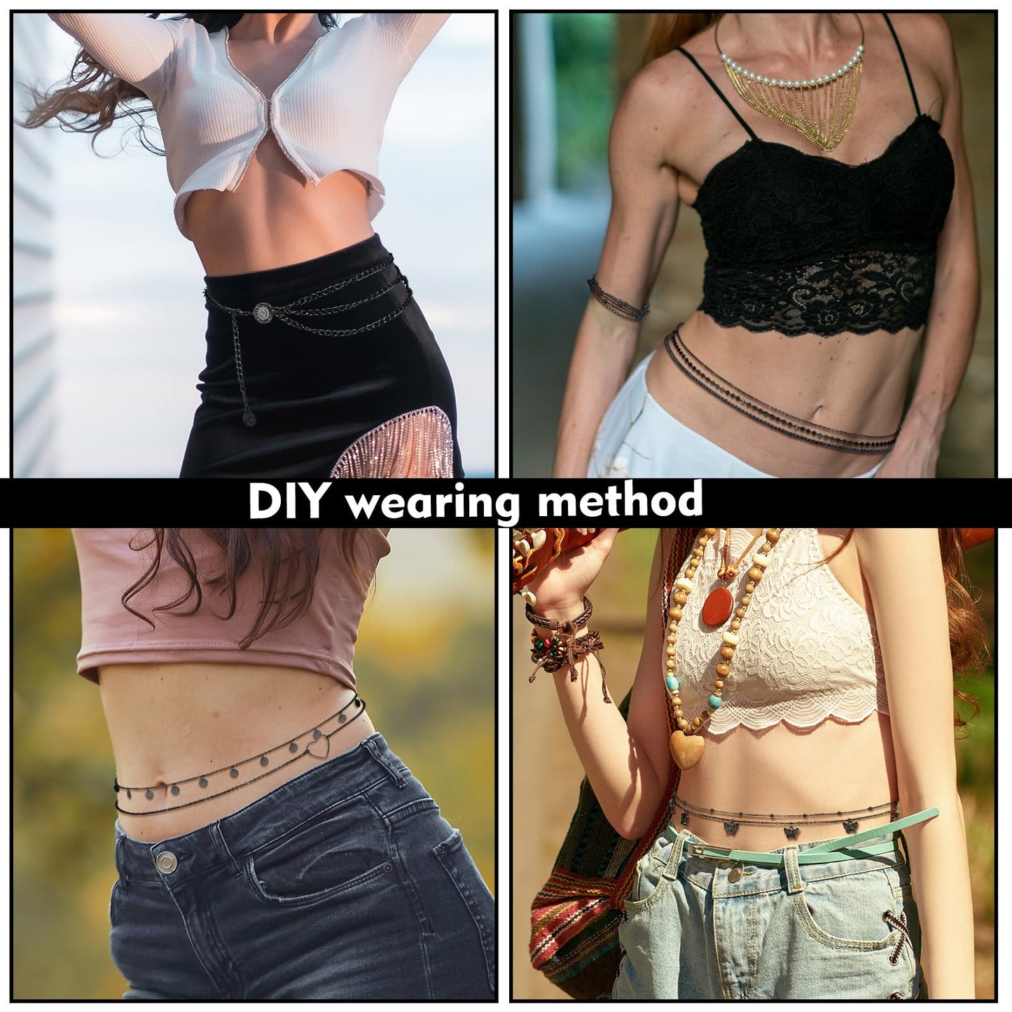 Lenwen 10 Pcs Summer Beach Belly Chain Adjustable Waist Multi Layered Chain Waist Jewelry for Women Girls Multilayer Body(Stylish Style,Black)