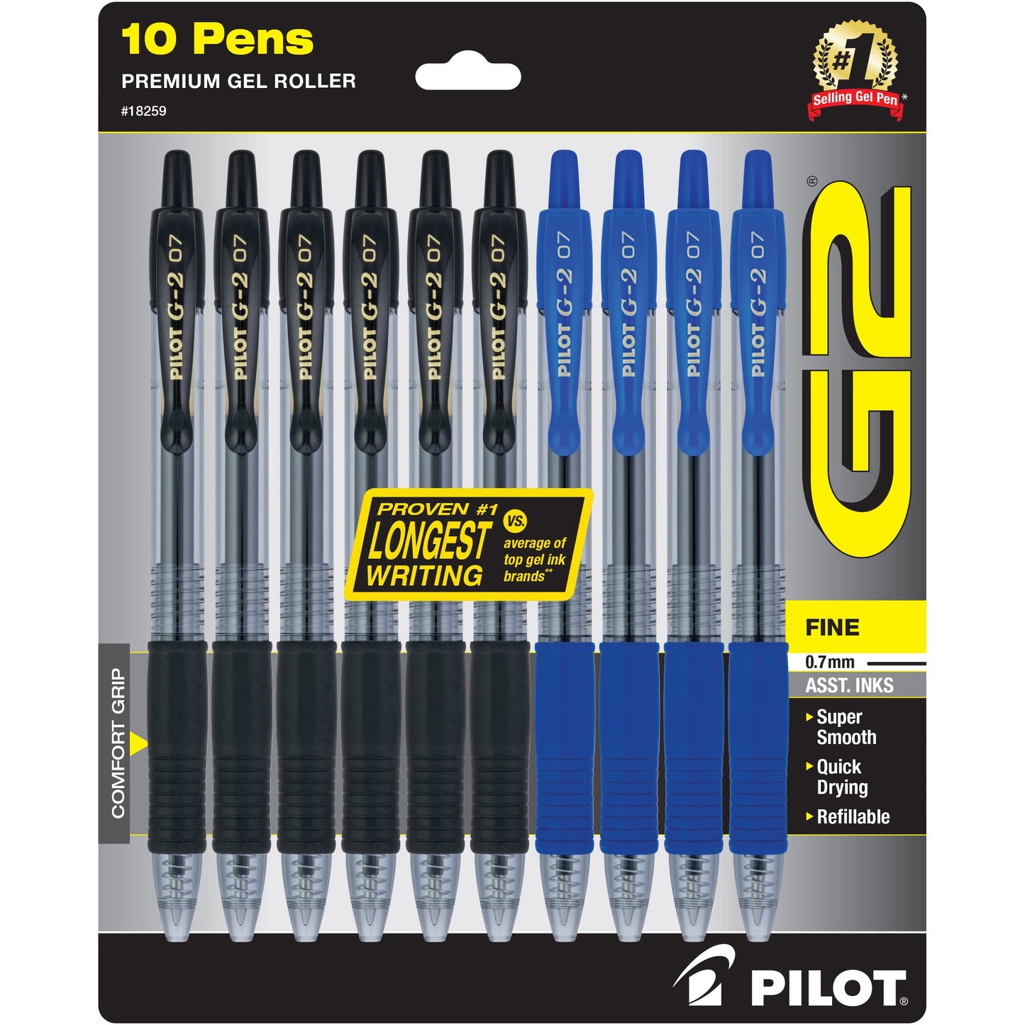 PILOT G2 Premium Refillable & Retractable Rolling Ball Gel Pens, 0.7mm Fine Point, 6 Black and 4 Blue Pens, 10 Pack
