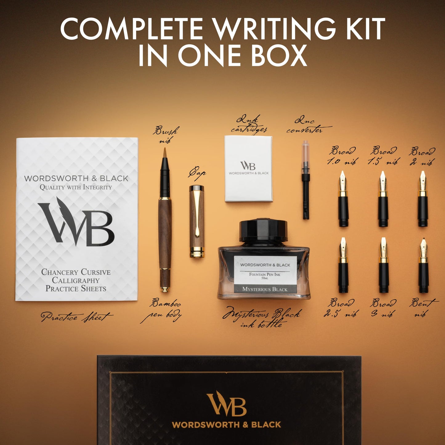 Wordsworth & Black Calligraphy Pen Gift Set, Includes Ink Bottle, 6 Ink Cartridges, Ink Refill Converter, 6 Replacement Nibs, Luxury Bamboo, Journaling, Smooth Writing Pens [Brown Wood]