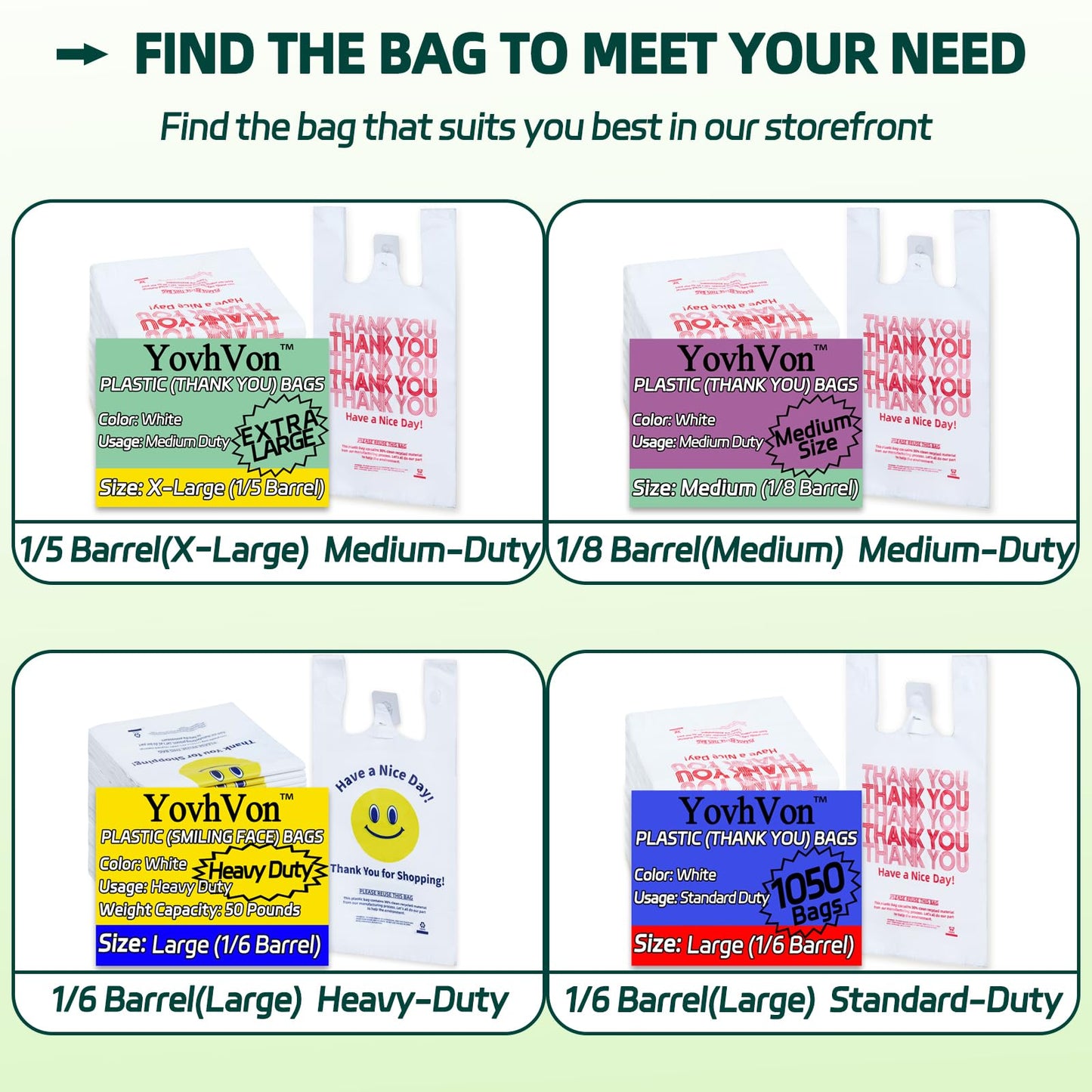 YovhVon Medium Size 1000 Count Plastic Bags with Handles, T-Shirt Bag, Thank You bags, Shopping Bag, Grocery bag, |for Store, Carry, Pack, Retail|, White, 1/8 Barrel, 10"x5"x18"