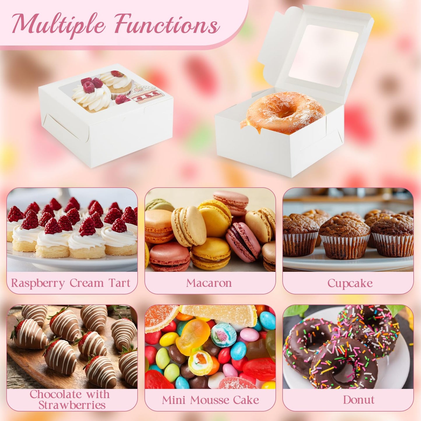 OAMCEG 50 Pack Cupcake Boxes with Window 6x6x3 Inches Cookie Boxes, Bakery Treat Boxes for Pastry, Desserts, Chocolate Strawberries, Cupcake Containers, Gift Giving with Stickers & Twine （White）