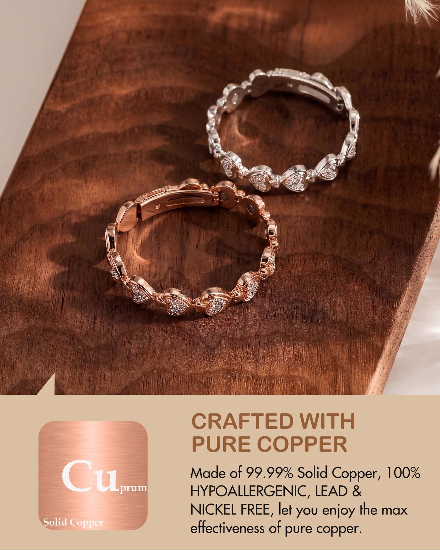 Feraco Pure Copper Bracelets for Women, Ultra Strength Magnetic Bracelet for Women with 3800 Gauss Magnet & Dazzling Austrian Crystals Stone, Heart-Shaped (Rose Gold, 7.09 inches (18cm))