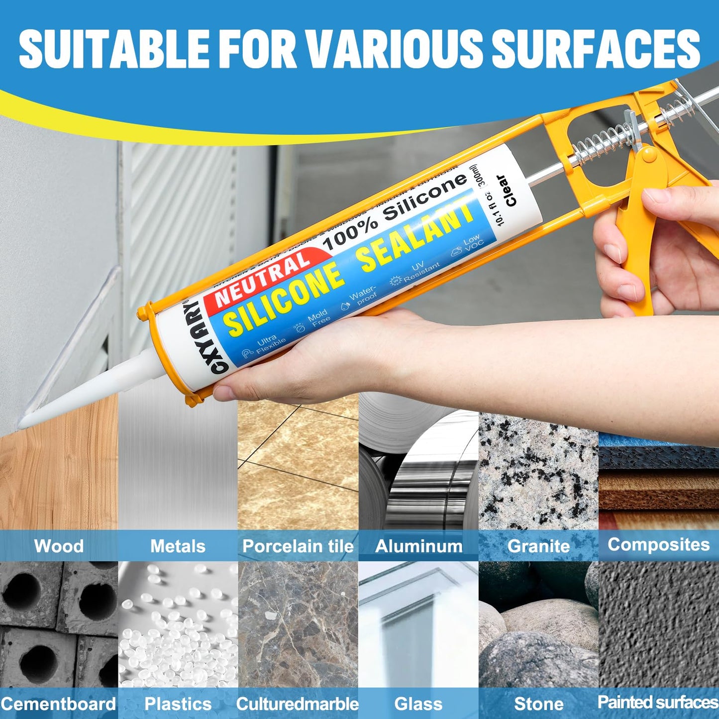 Silicone Caulk & Sealant Clear, 6 Pack - 100% Waterproof Silicone Sealant, Silicone Caulking for Kitchen and Bathroom, Toilet, Sink, Window ＆ Door Use, Shrink & Crack Proof (10.1 FL.OZ/300ml)