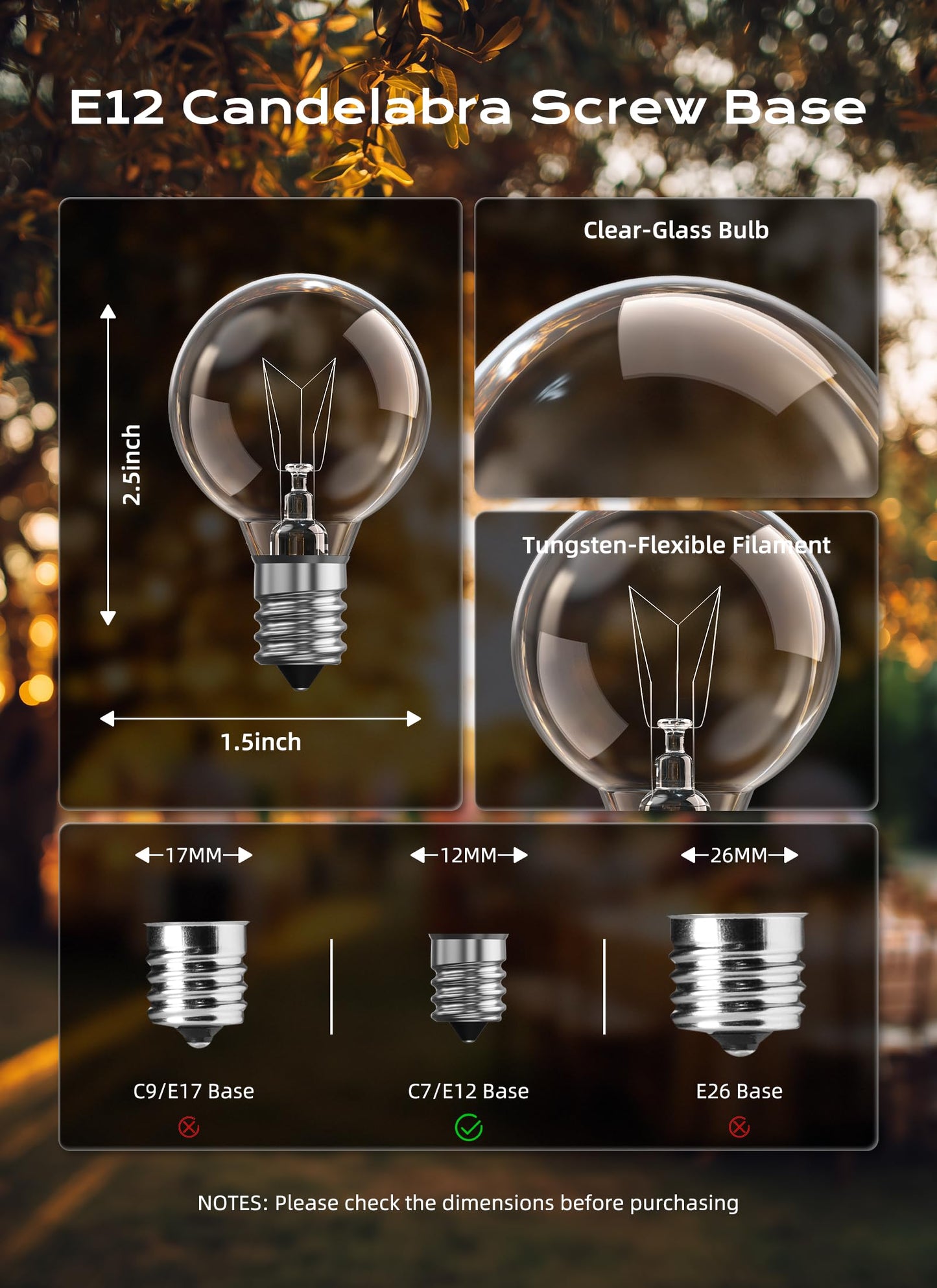 Brightown G40 Clear Light Bulbs Outdoor Light Bulbs Globe E12 Candelabra Screw Base, Incandescent Round Warm Replacement Glass Bulbs for Patio String Lights, 5W 120V, Pack of 50