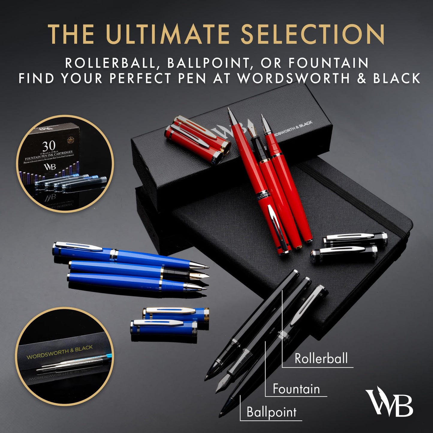 Wordsworth and Black Luxury Ballpoint Pen Set - Black Lacquer 24K Gold Finish, Refillable Fine Point, Elegant Gift for Men & Women, Includes Ink Refill, Nice Pens for Work