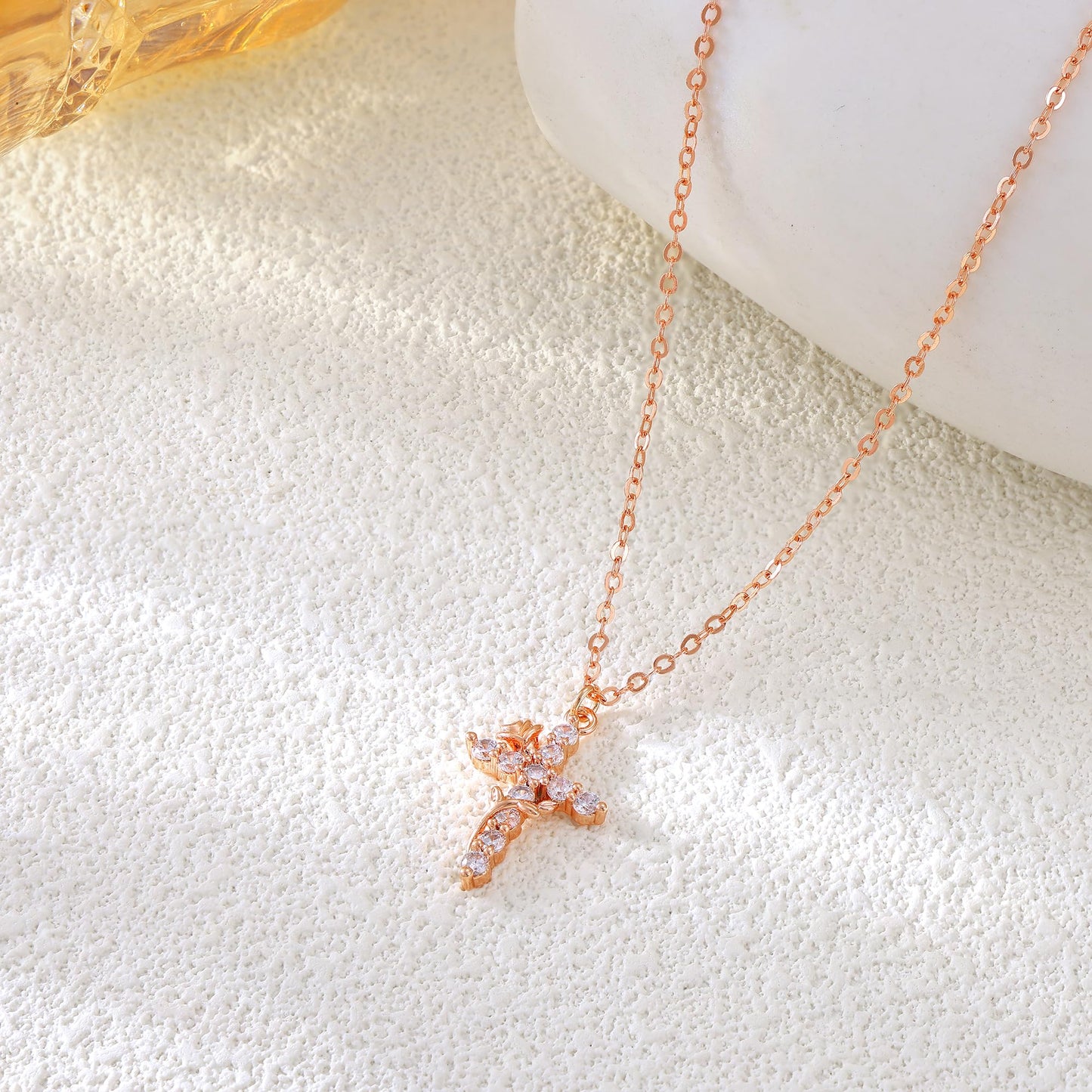 Robaice Easter Basket Stuffers Flower Cross Necklace for Women, Rose Gold Plated Dainty Cubic Zirconia Faith Cross Pendant, Christian Religious Jewelry Gifts