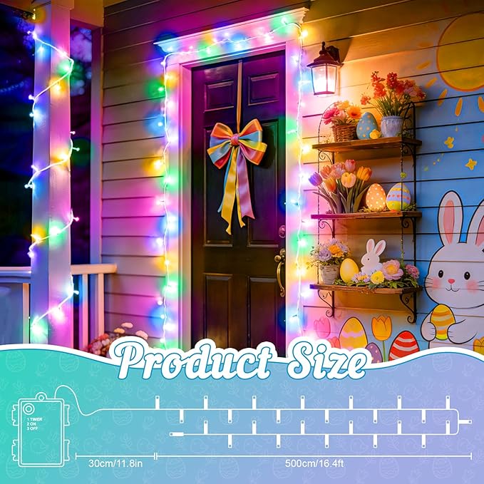 Easter String Lights Battery Operated, Pastel Easter Lights with Timer 16.4ft 50LED White Wire Fairy Lights for Easter Decorations Garland Outdoor Indoor Party