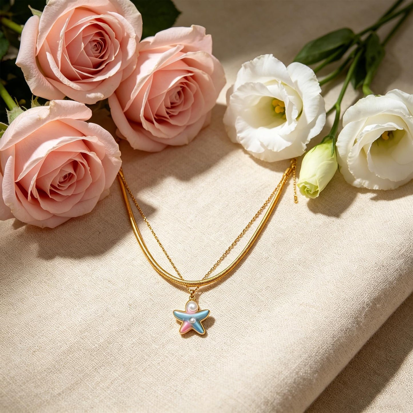 Layered Gold Shell Starfish Necklace for Women Blue Starfish Shell Pendant Necklace Vintage Stainless Steel Pearl Snake Chain Necklace Summer Beach Jewelry Gifts (Starfishs)