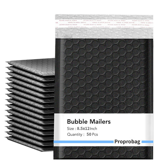 Proprobag 8.5 x 11 Bubble Mailers 50 Pack - Outer Size 9x12 Heavy Duty Black Padded mailer with Self Seal, Waterproof Shipping Envelopes, Bubble Wrap Protection for Ecommerce, Non See Through
