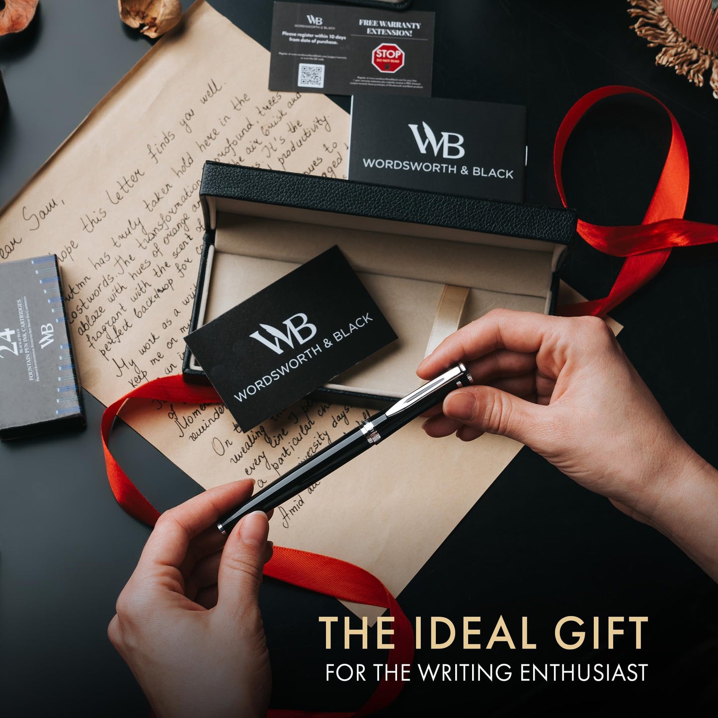 Wordsworth & Black Fountain Pen Set, Medium Nib, Includes 24 Ink Cartridges and Ink Refill Converter, Gift Case, Journaling, Calligraphy, Smooth Writing Pens [Black Chrome], Perfect for Men and Women