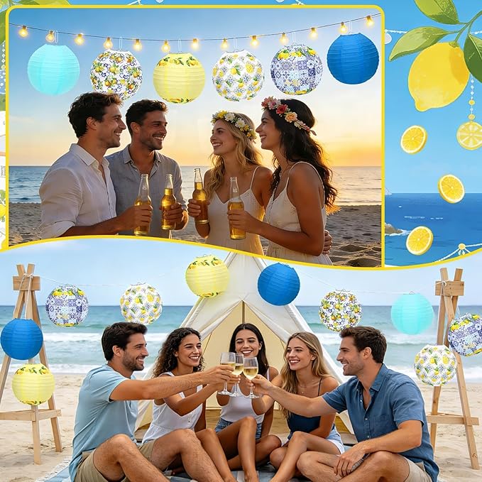 DECYOOL Capri Lemon Pattern Paper Lanterns,12 Pack Mediterranean Party Decor with White, Yellow, and Blue Designs for Indoor Outdoor Celebration