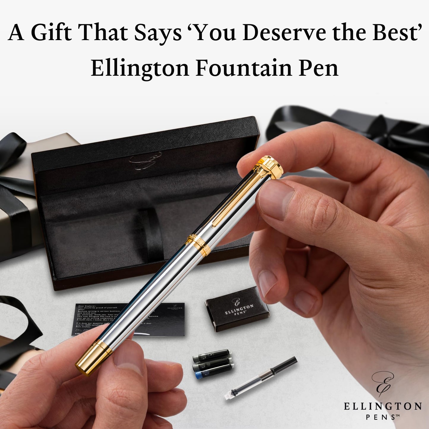 Ellington Pens Luxury Fountain Pen Set - Extra Fine Nib - Includes 3 Ink Cartridges, Refillable Ink Converter, Gift Box - Fountain Pens For Writing, Calligraphy, Journaling (The Presidential Oath)