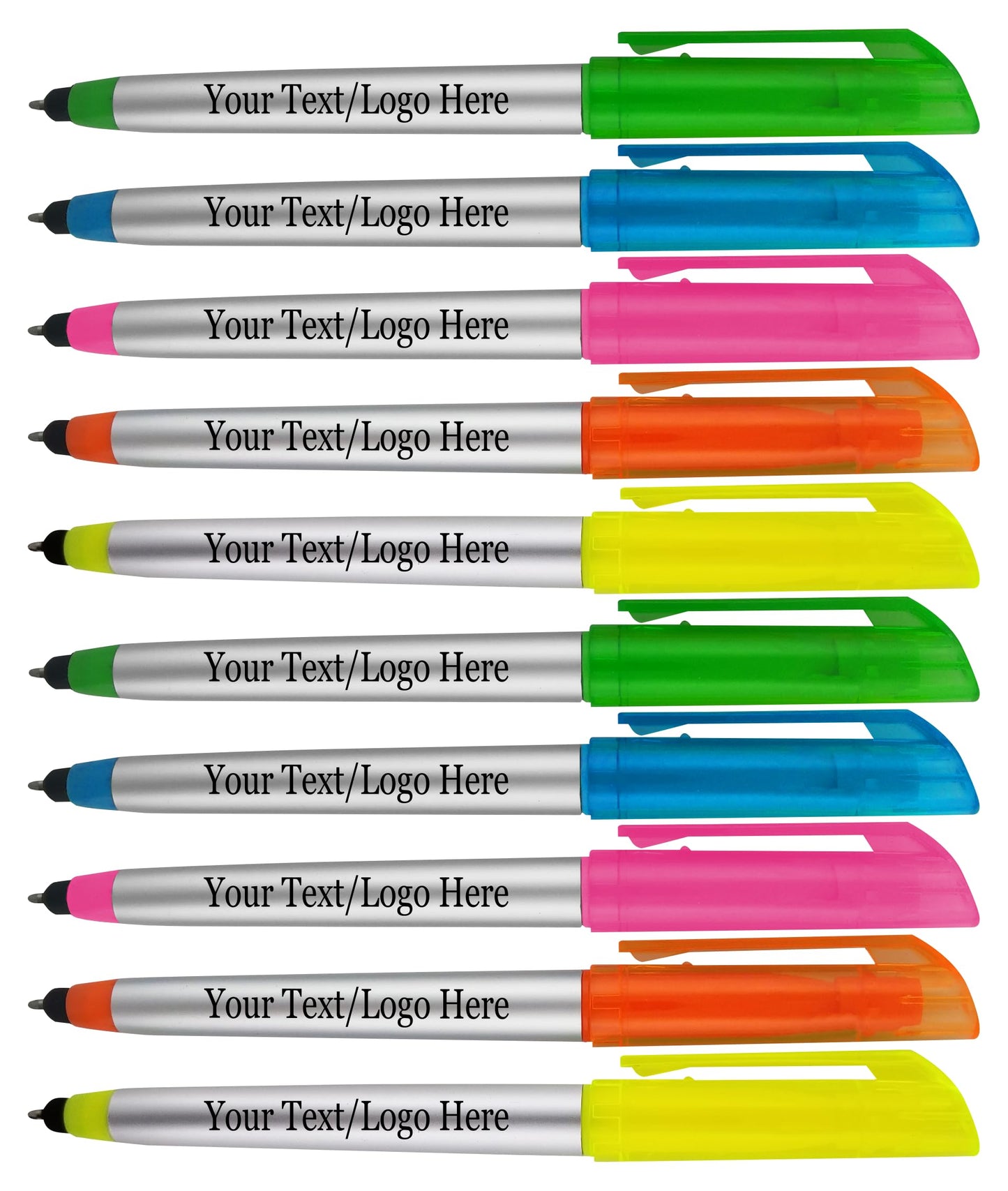 Personalized Pens with Highlighter and Stylus -250 Pack Bulk-Free Imprint - 3 In Highlighter, Ballpoint Pen, and Stylus Combo- add Custom Business Name, Logo or Gift Message- Assorted, Black Imprint