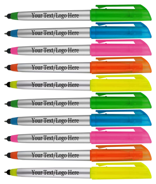 Personalized Pens with Highlighter and Stylus -250 Pack Bulk-Free Imprint - 3 In Highlighter, Ballpoint Pen, and Stylus Combo- add Custom Business Name, Logo or Gift Message- Assorted, Black Imprint