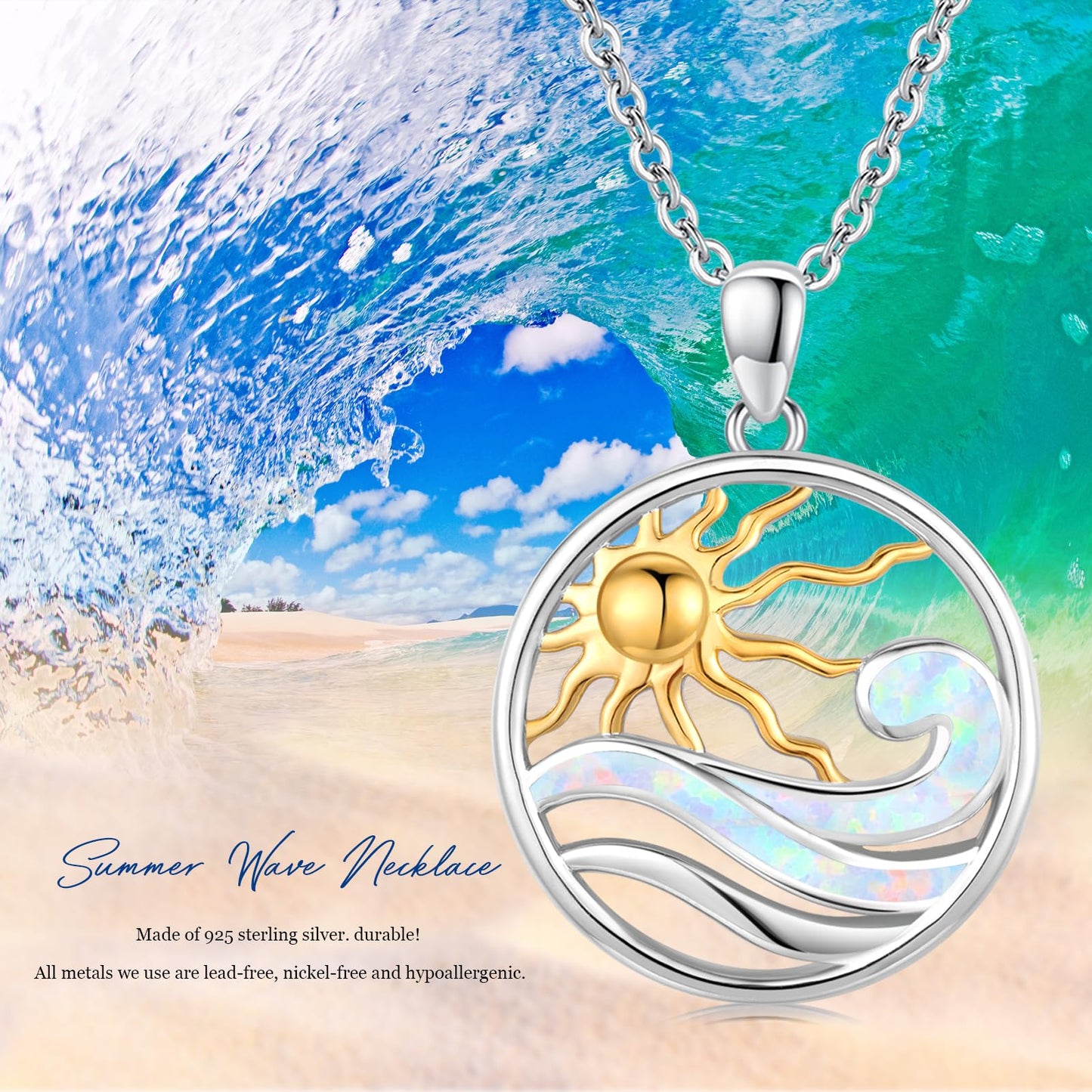 Midir&Etain Wave Necklace 925 Sterling Silver Ocean Wave Sun Pendant Necklace Beachy Sea Pendant Ocean Wave Sun Jewelry for Women Men