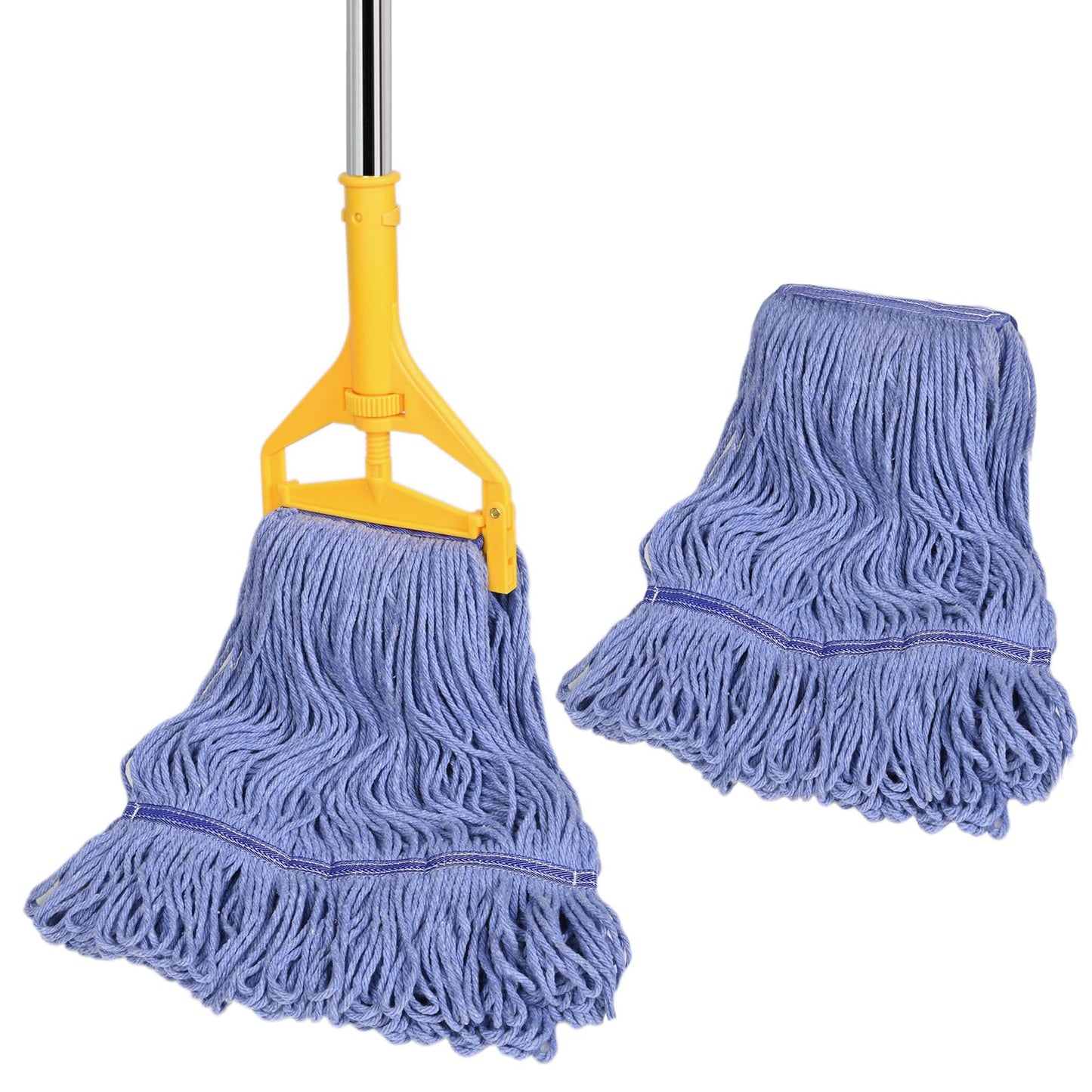 HiBaby Commercial Mop with Extra Head Replacement, 63Inch Handle Heavy Duty Industrial Mop Looped-End String Wet Mops for Floor Cleaning for Warehouse, Workshop, Garage, Office, Home (2 Mops Head)