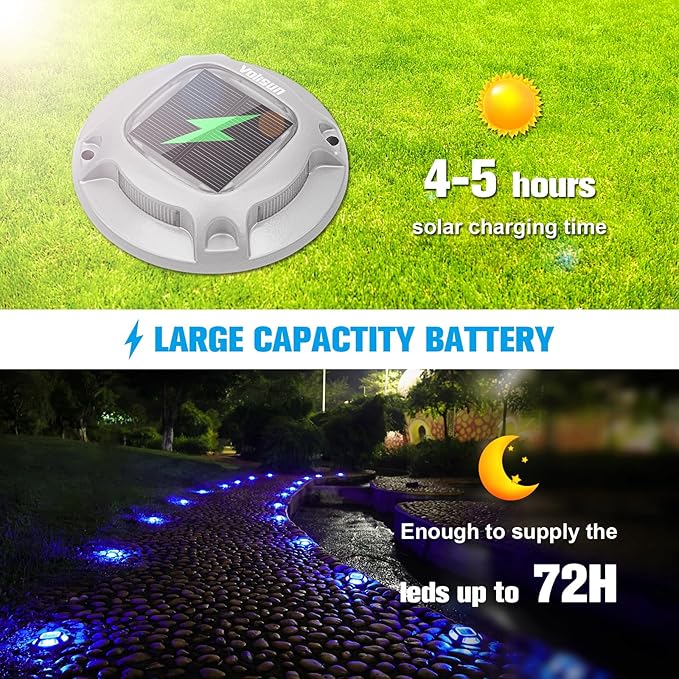 VOLISUN Solar Driveway Lights Dock Marine Lights 16 Pack,2 Colors in 1,Outdoor LED Deck Light,Solar Powered Waterproof Warning Step Light for Driveway Sidewalk Pathway (Blue/White),Saltwater Resistant