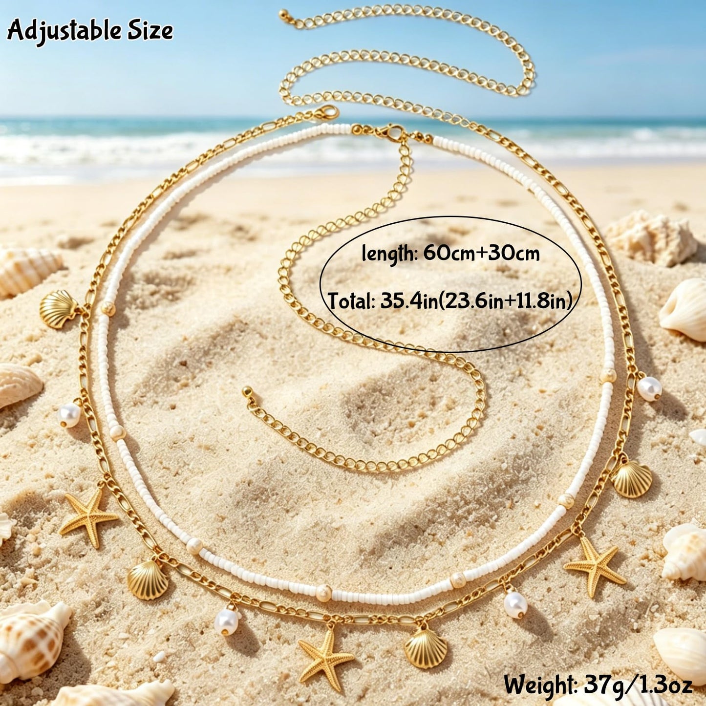 Gold Starfish Waist Chain for Women 2Pcs Adjustable Layered Belly Chain Bohemian Shell Beaded Bikini Body Chain for Beach, Summer Festival, Vacation & Boho Accessories