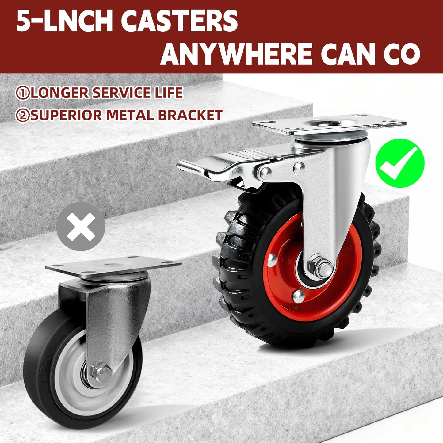 5 Inch Caster Wheels Heavy Duty with Dual-Lock Safety Brake and Rubber Tire Wheels, Heavy Duty - 400 Lbs Per Caster for Workbench, Trolley, Cabinet, Swivel Rubber Wheel 4-Packs with mounting Hardware