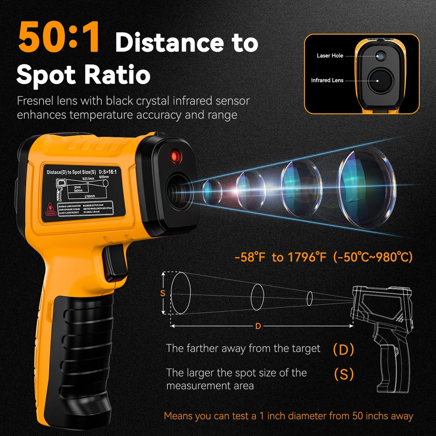 Surpeer 50:1 Infrared Thermometer IR Laser Gun, -58°F to 1796°F, Digital Temperature Gun/K-Type Probe -4°F to 932°F & Humidity Sensor for Cooking, Pizza Oven BBQ HVAC Home-Industrial Use