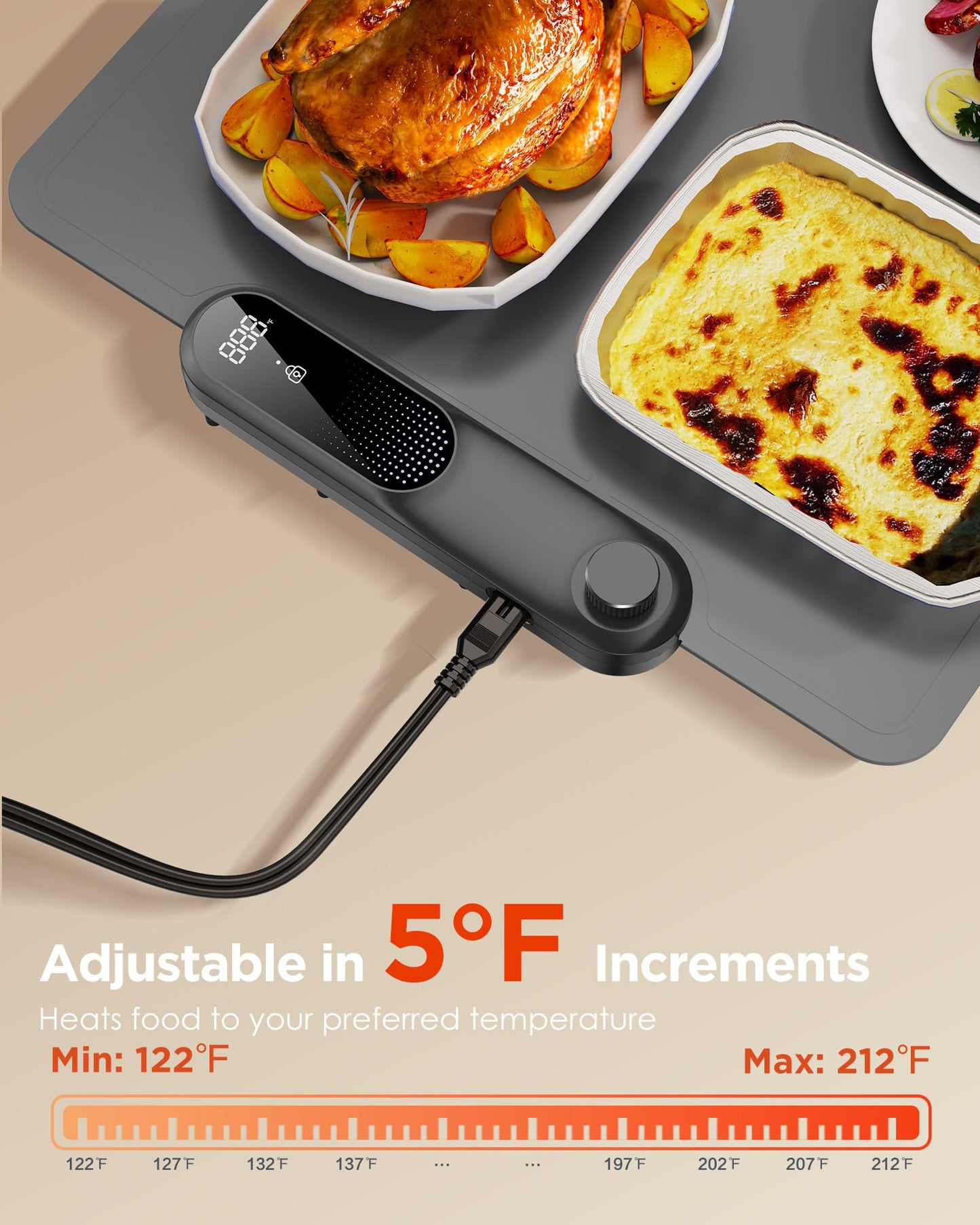 FEPPO Food Warming Mat, Electric Warming Trays for Buffets Party, Fast Full-Surface Heating Mat for Food with 19 Level Adjustable Temperature and 6 Hours Timer, Roll Up Food Warmer