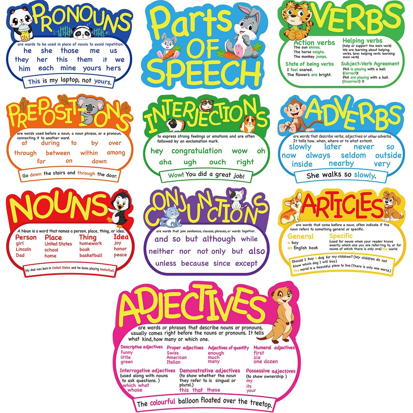 Outus 10 Pcs Parts of Speech Poster for Classroom Teachers (Bright, Animal)