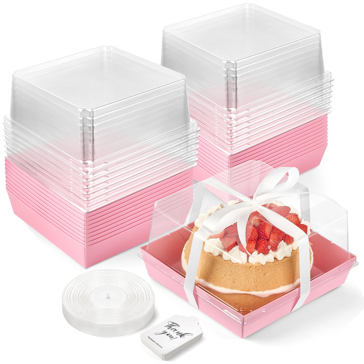 ZORRITA 7 x 7 x 4 Inches Paper Cake Boxes with Clear Lids, 40 Pack Disposable Charcuterie Boxes Square Food Containers for 4-6 Inch Cake, Dessert, Pie, Cupcake, Bakery (Pink)