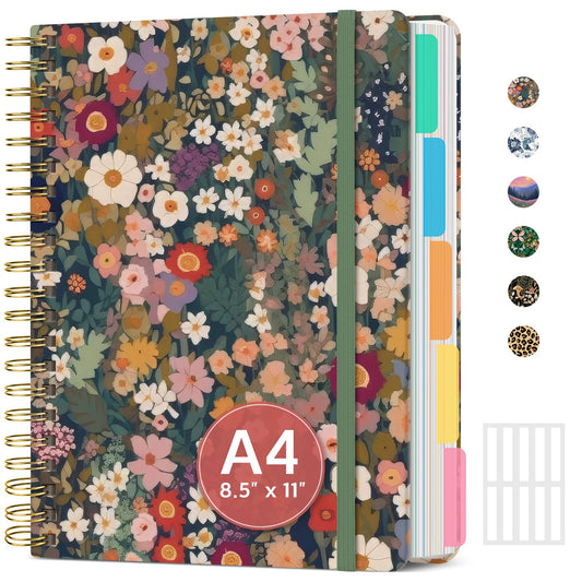 Large Spiral Notebook with Dividers & Tabs, 8.5" x 11" Hardcover 5 Subject Notebook for Work, 280 pages, College Ruled, Cute Journal for Women, Perfect for Study & Office Note Taking, Garden