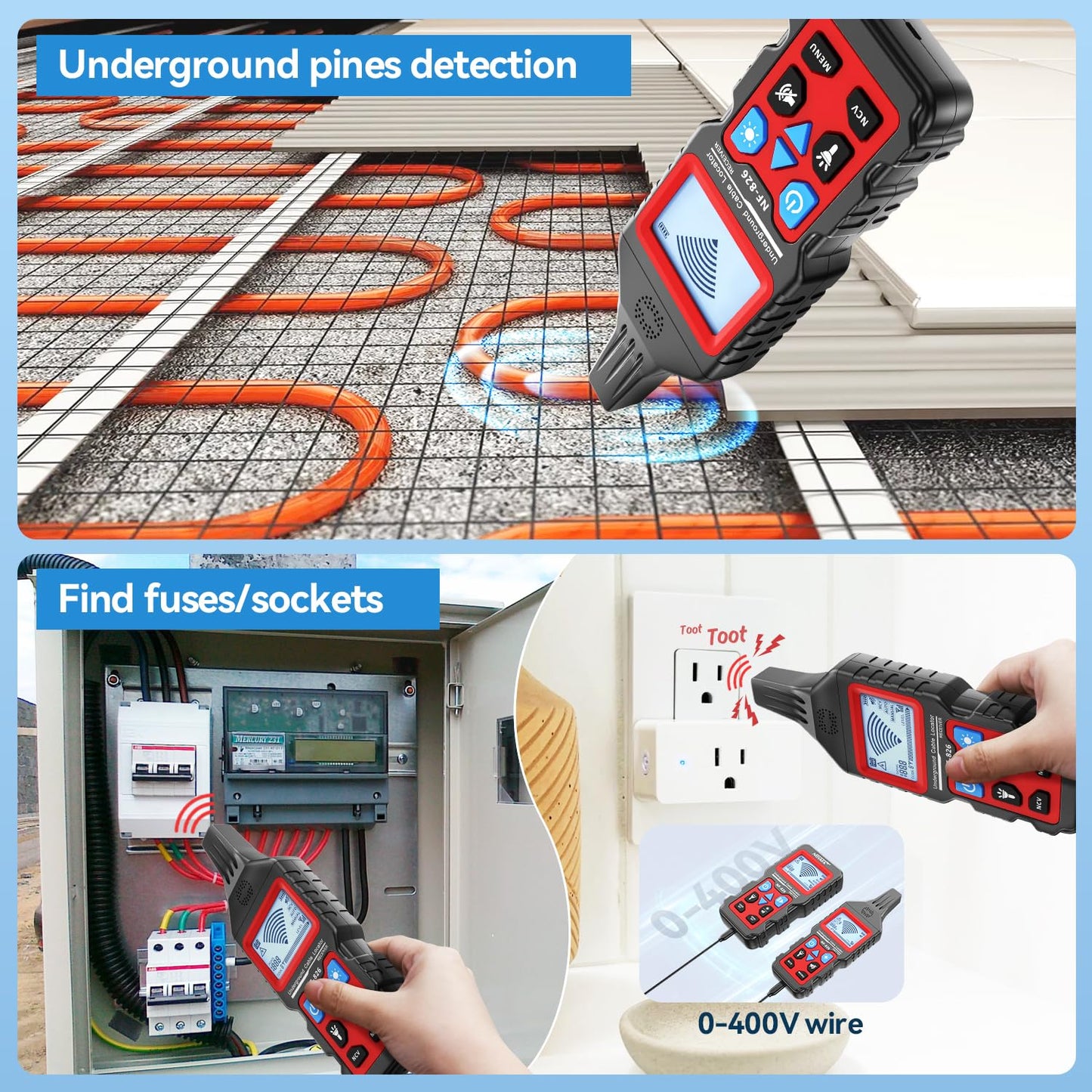 NOYAFA NF-826 Underground Cable Locator Wire Tracker, for Dog Fence Cables Irrigation, Wall and Underground Pipeline Wire Detector, Advanced Circuit Breaker Finder for Wall and Underground Cables