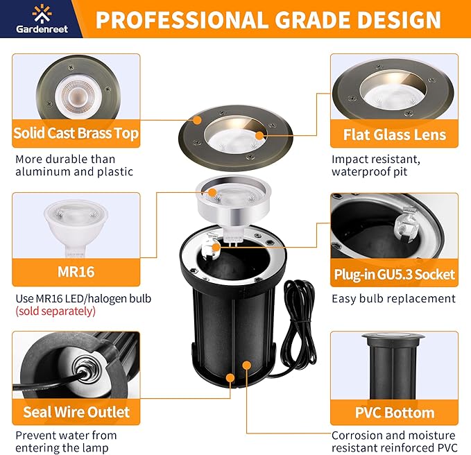 Gardenreet Landscape Well Lights Brass - Ip65 Electric Hardwired Low Voltage In Ground Lighting, LED 12V Waterproof Directional Fixture, Antique Bronze for Tree Pathway Wall Without MR16 Bulb
