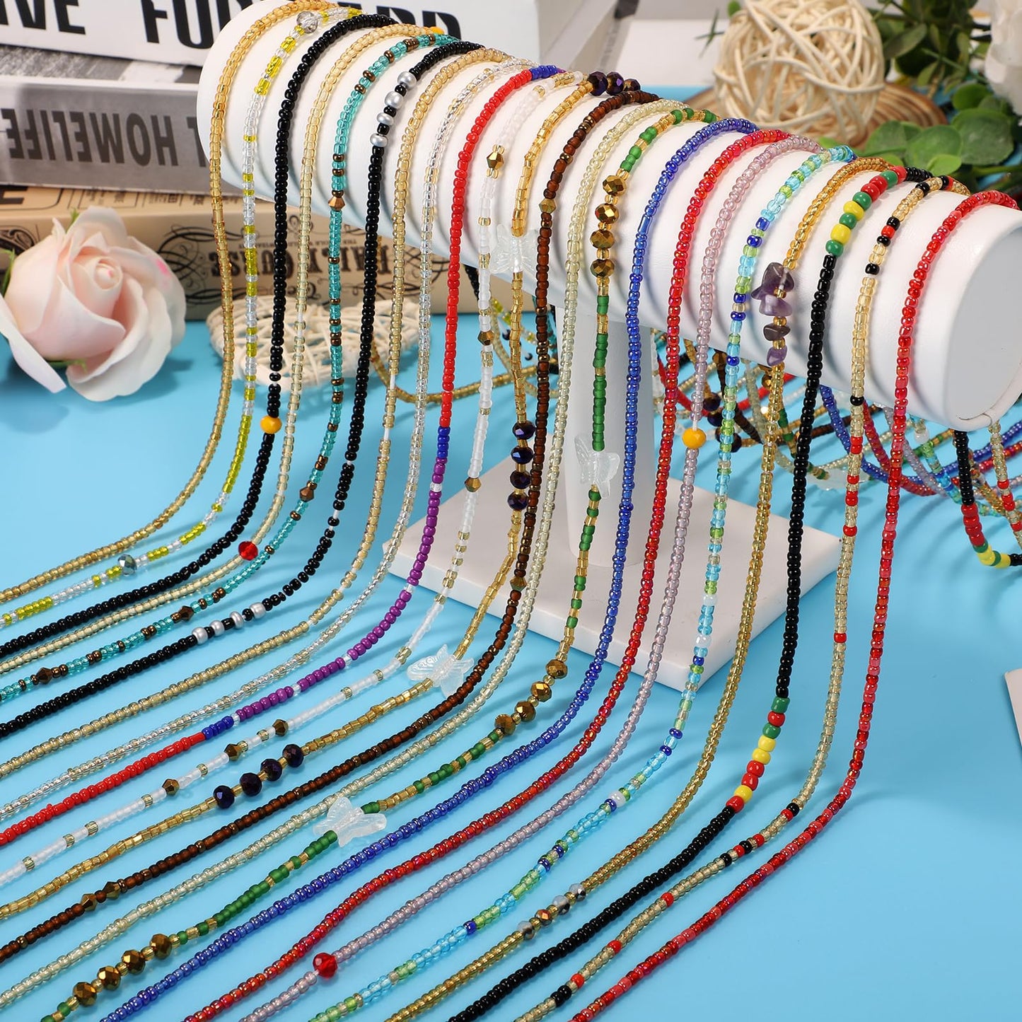 Teniinet 2PCS 50” Handmade African Waist Beads for Women Non-Stretching,Waist Jewelry Body Accessories for Women(Tie-on)