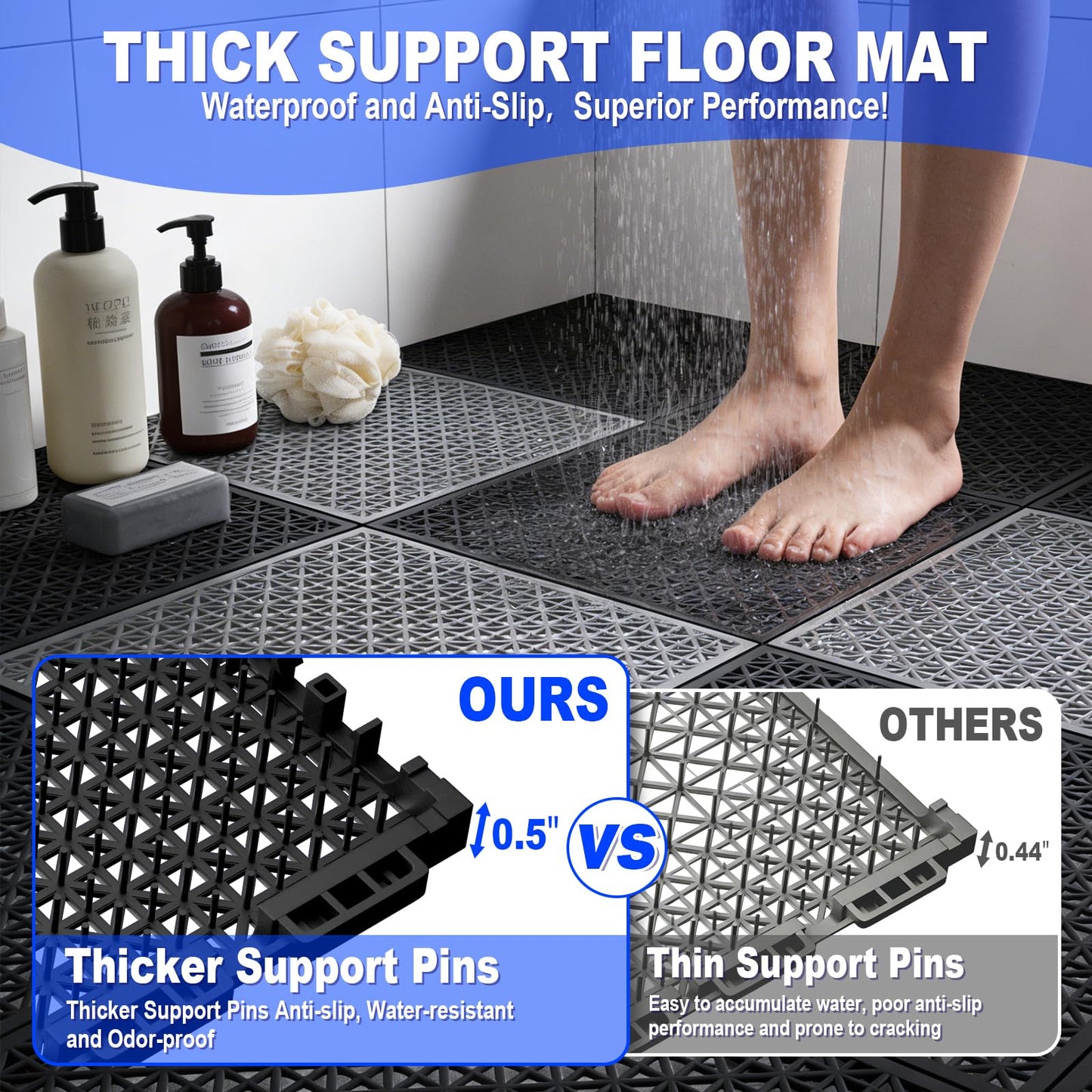 16 PCS Modular Interlocking Cushion Interlocking Floor Tiles with Hole Drainage Mat 10" x 10" Non Slip Pool Deck Mat Outdoor for Drain Deck Pool Patio Shower Kitchen Balcony (Black&Grey)
