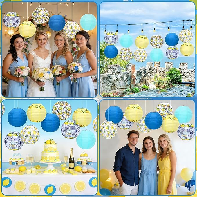 DECYOOL Capri Lemon Pattern Paper Lanterns,12 Pack Mediterranean Party Decor with White, Yellow, and Blue Designs for Indoor Outdoor Celebration