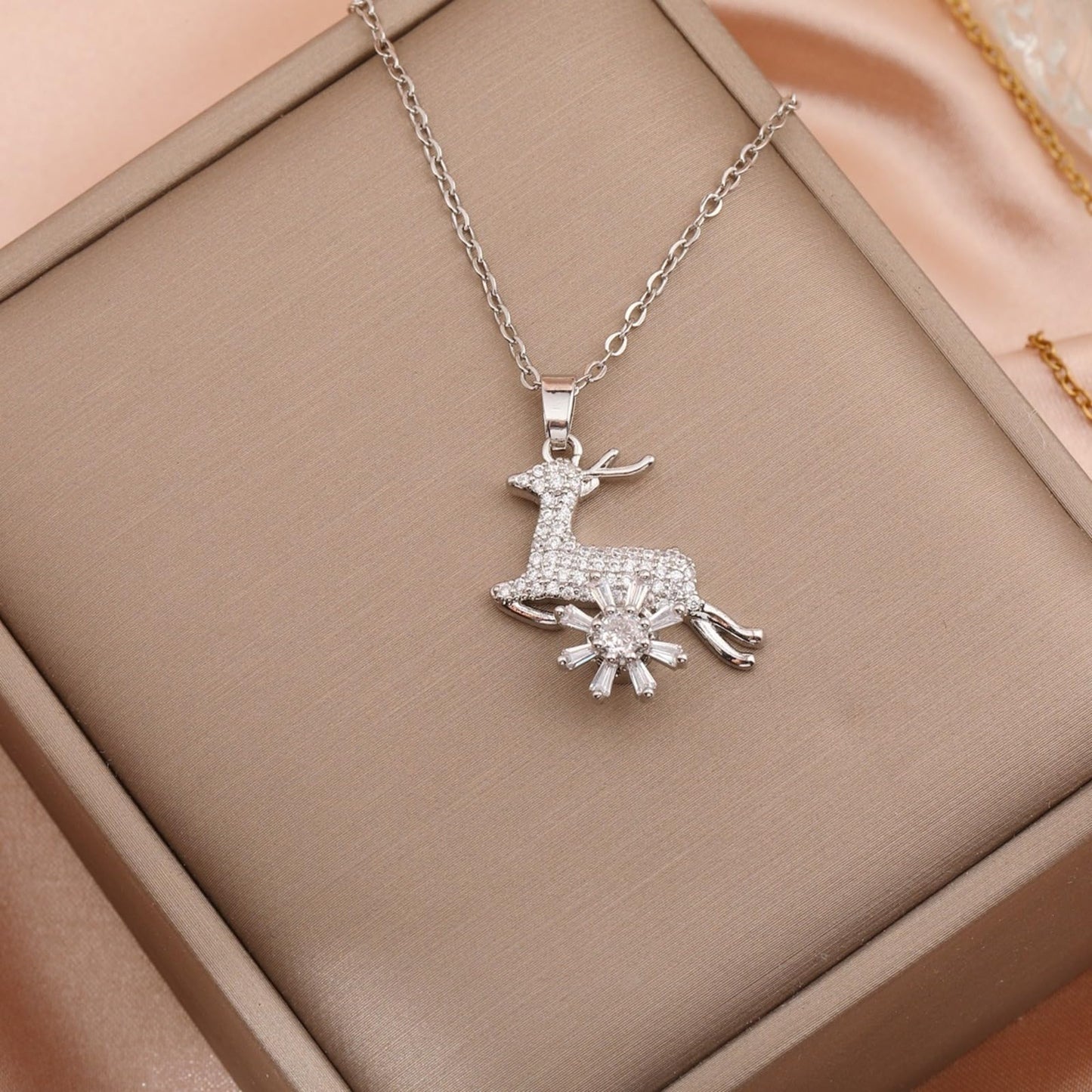 KONPJE Sunflower Fidget Necklace for Women Gold Moon Necklace Rotating Heart Necklaces Spinning Crystal Flower Anxiety Necklaces Crescent Moons Jewelry Accessories (Silver Deer)