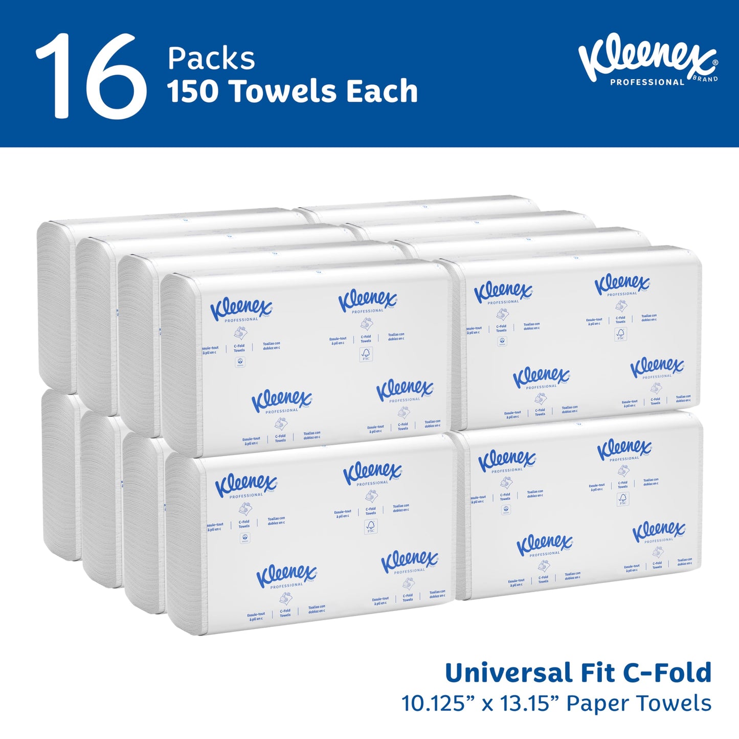 Kleenex Professional Universal C-Fold Folded Paper Towels, Bulk (01500), Absorbent, White (150 Sheets/Pack, 16 Packs/Case, 2,400 Sheet Total)