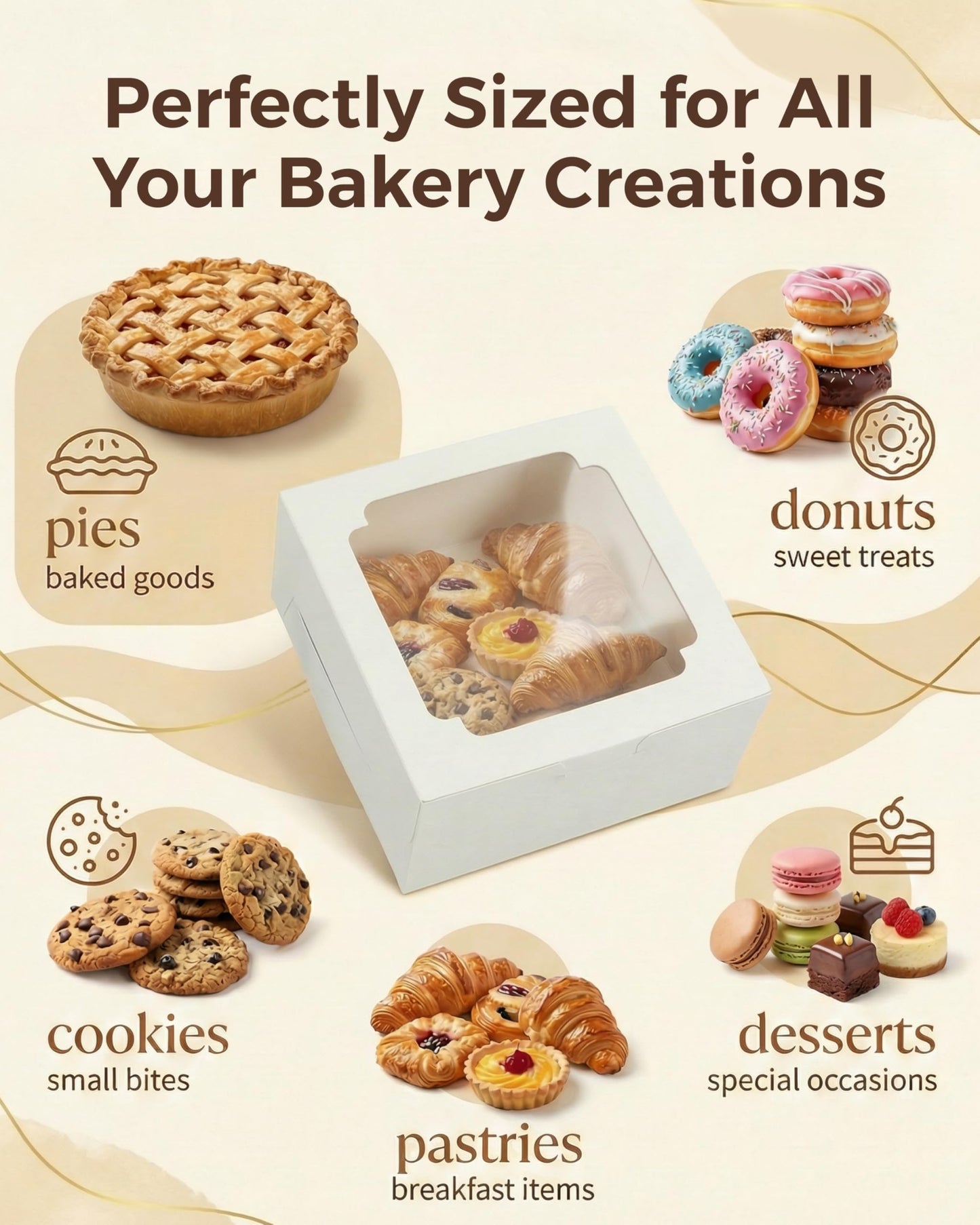25pcs Cake Boxes 10x10x5 Inch with Window, 10 Inch White Bakery Boxes, Square Cardboard Large Pie Box, Package for Cookies, Donut, Birthday Party, Dessert, Wedding, Pastry Packaging (80 Pcs Stickers)