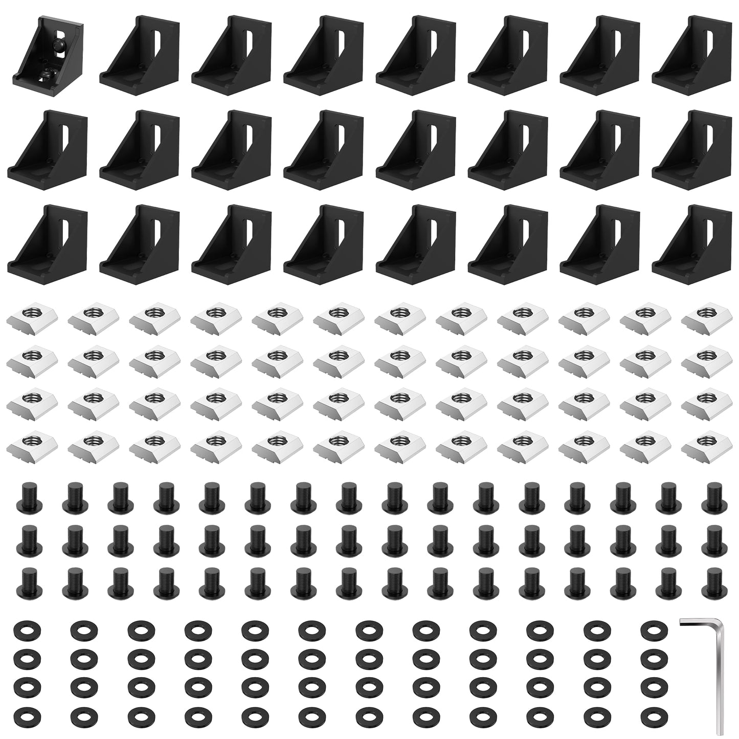 PETOX 24 Set Black 3030 Series Aluminum Extrusion Profile Connector, Includes 1pc Wrench, 24pcs 2835 Corner Bracket, 48pcs M6 T-Slot Sliding Nuts and Hex Screw Bolt for 20S Aluminum Rail Accessories