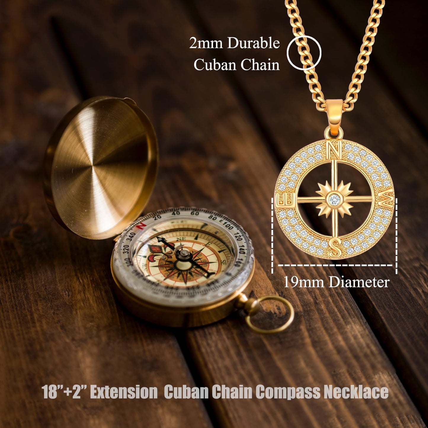 PEARLADA 18K Gold Plated Cuban Chain Compass Pendant Necklace with Micro-Inlaid Cubic Zirconia Halo Womens Handmade Navigation Travel Jewelry for Graduation Gift