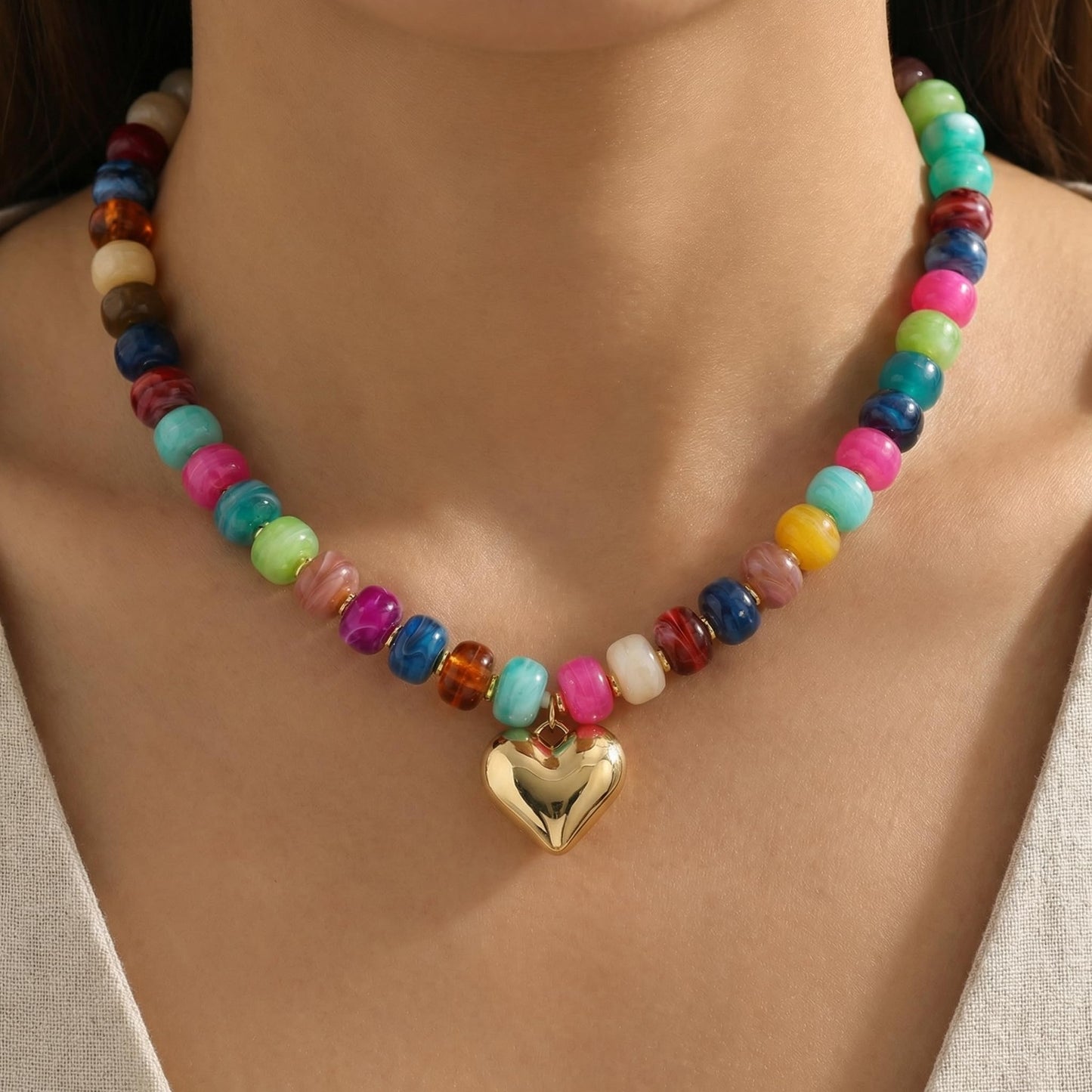 Frigotine Chunky Heart Necklace for Women Colorful Resin Beaded Choker Gold Puffy Heart Statement Trendy Acrylic Jewelry