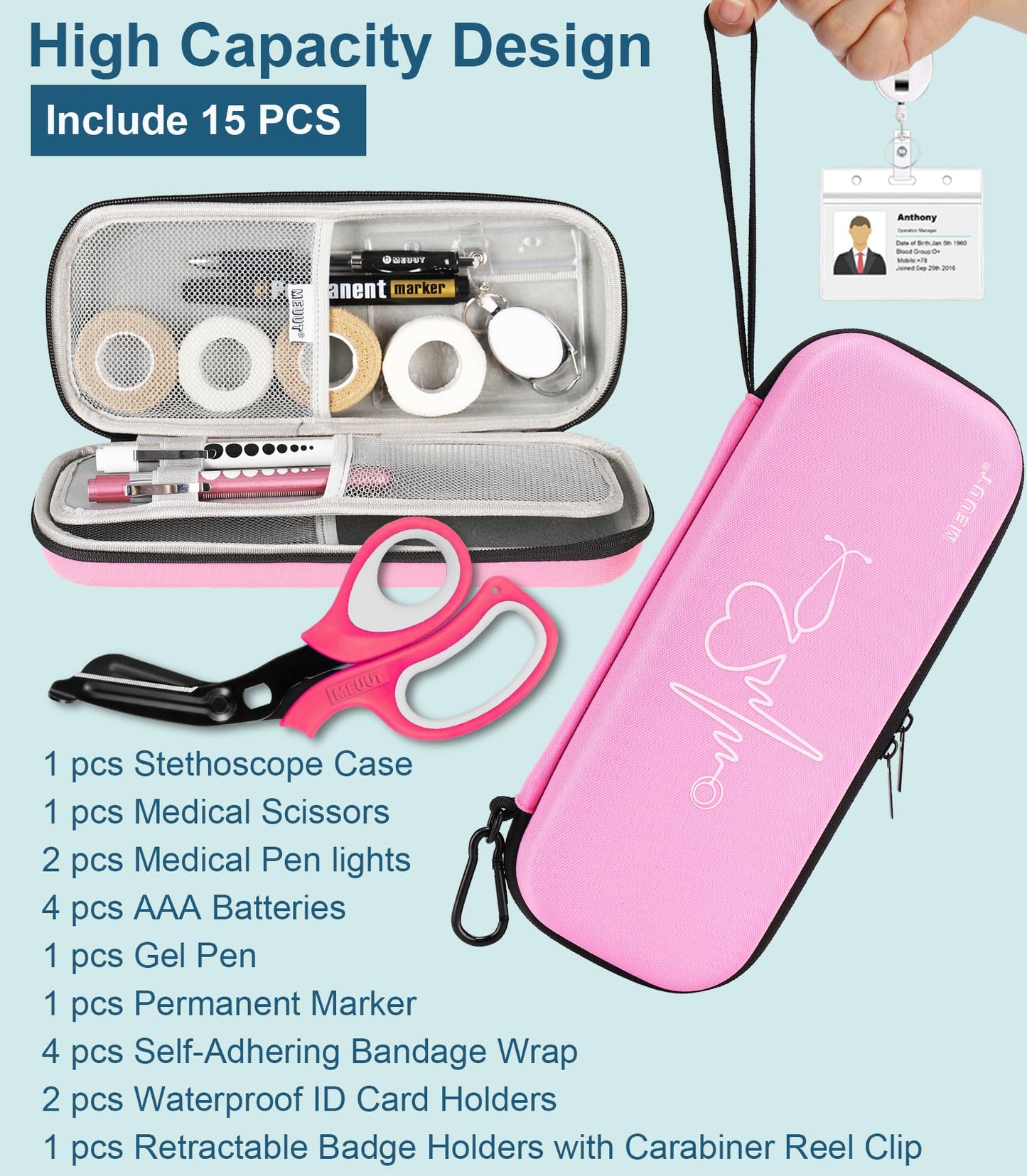 MEUUT 15 pcs Stethoscope Case Kits, Perfect Nurse Gift Include Stethoscope Case, Penlights, Medical Scissor, Bandage Wraps, Badge Holders for Nurse Student
