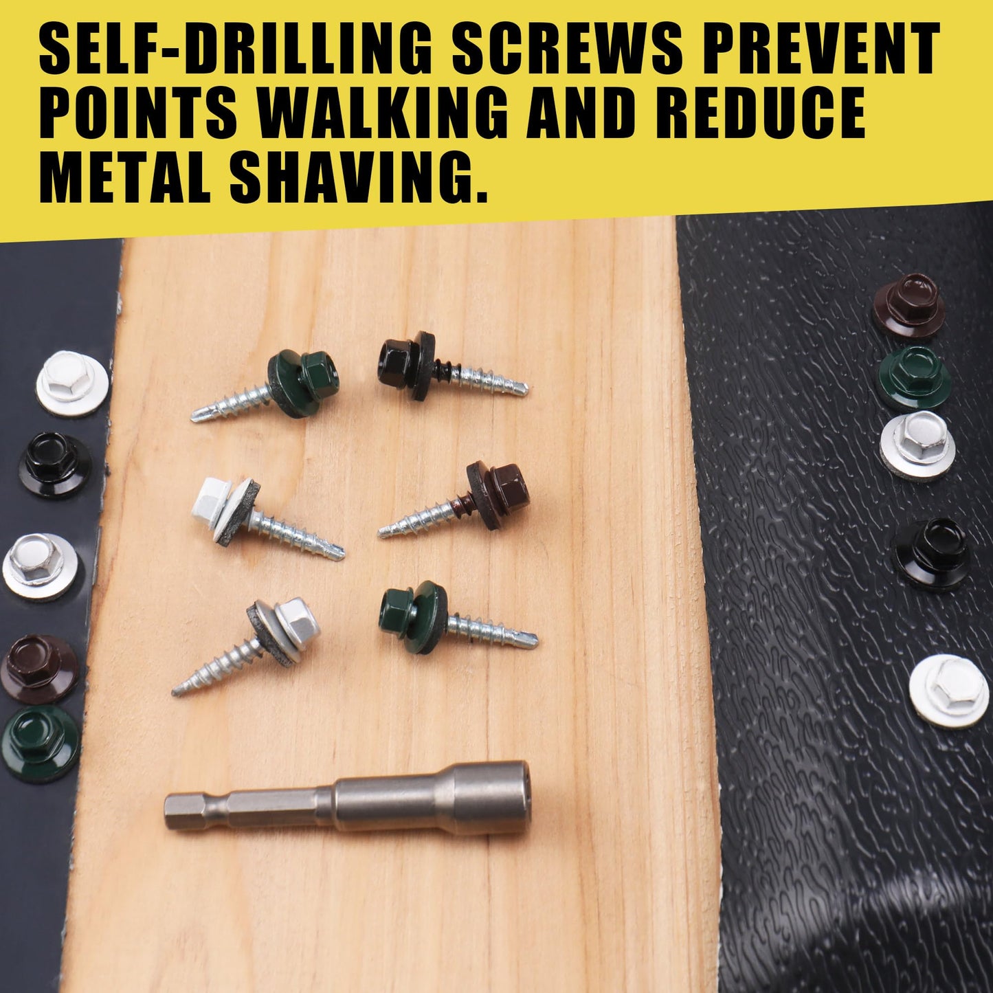JEGONFRI 300pcs #10 x 1 Green Hex Head Self-Drilling Metal Roofing Screws, EPDM Washer, Colored Head, Wood Screws, Sheet Metal Roof Screw with Hex Driver Bit