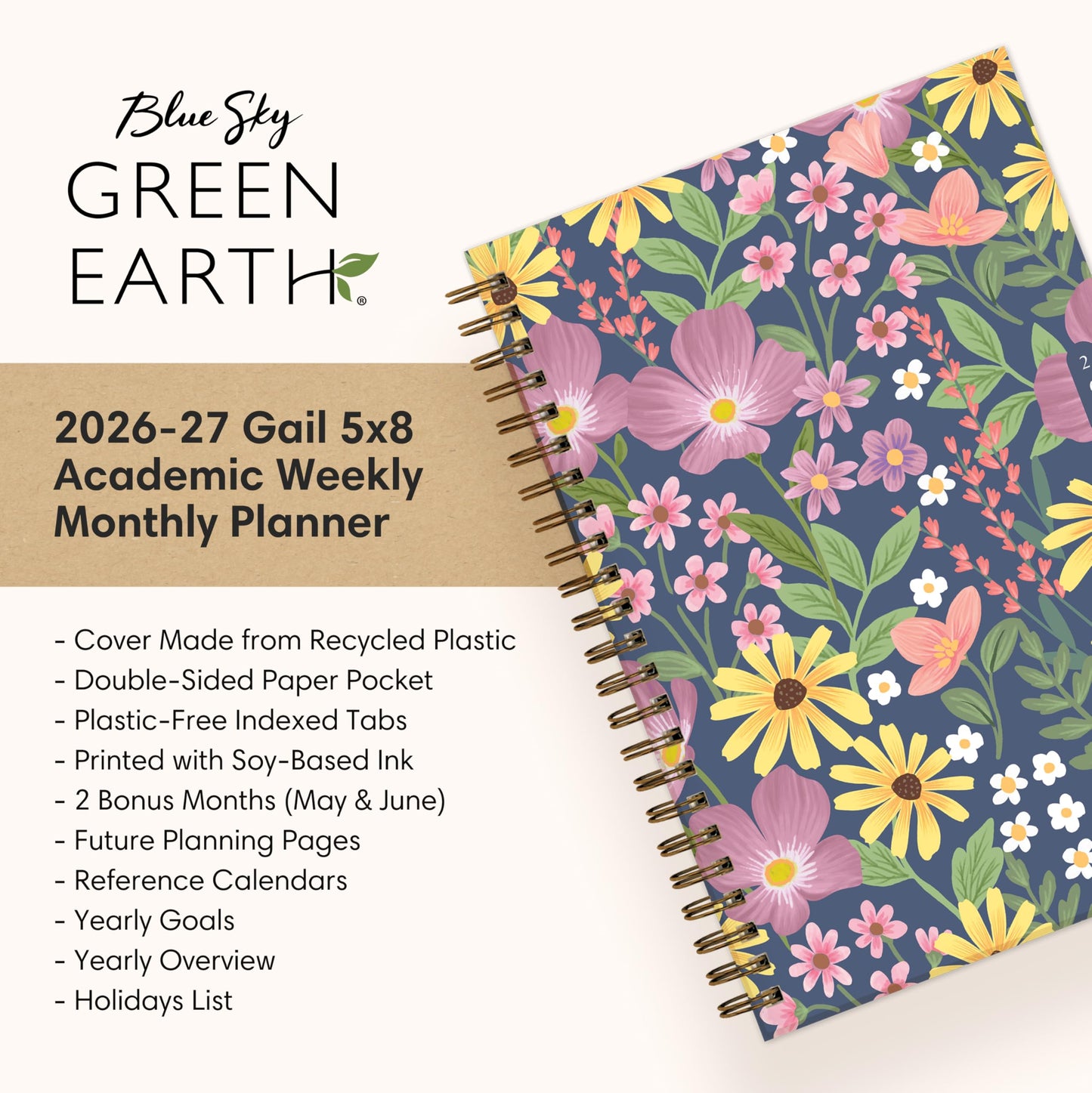 Blue Sky Sustainability 2026-2027 Weekly and Monthly Academic Year Planner Calendar, July 2026 - June 2027, 5" x 8", Flexible Cover From Recycled Plastic, Wirebound, Laminated Tabs, Storage Pocket, Gail