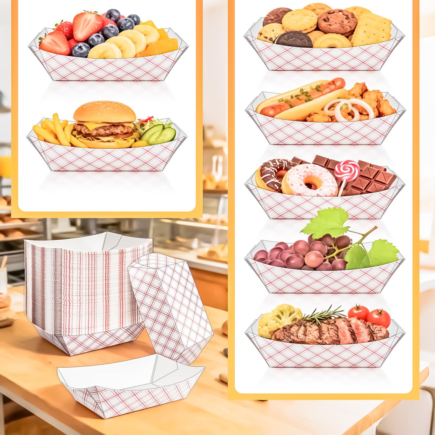 MotBach 100 Pack Extra Large 4Lb Paper Food Boats Trays Disposable Paper Boat Containers, Checkered Kraft Food Serving Tray Boats Baskets for Snack Popcorn BBQ Hot Dog Burger Sandwich Taco Fries Nacho