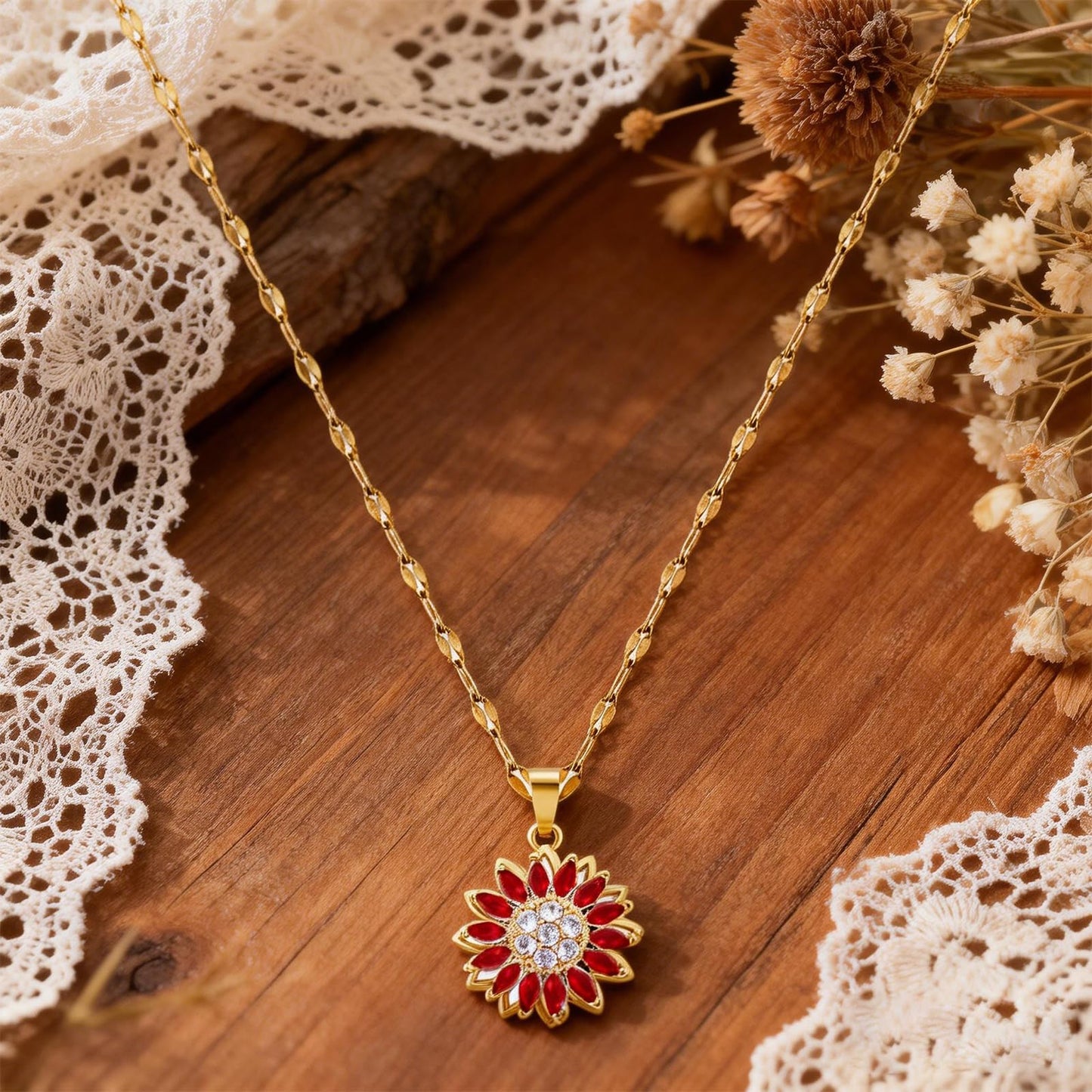 KONPJE Sunflower Fidget Necklace for Women Gold Moon Necklace Rotating Heart Necklaces Spinning Crystal Sunflower Anxiety Necklaces Crescent Moons Jewelry Accessories (Gold Red)