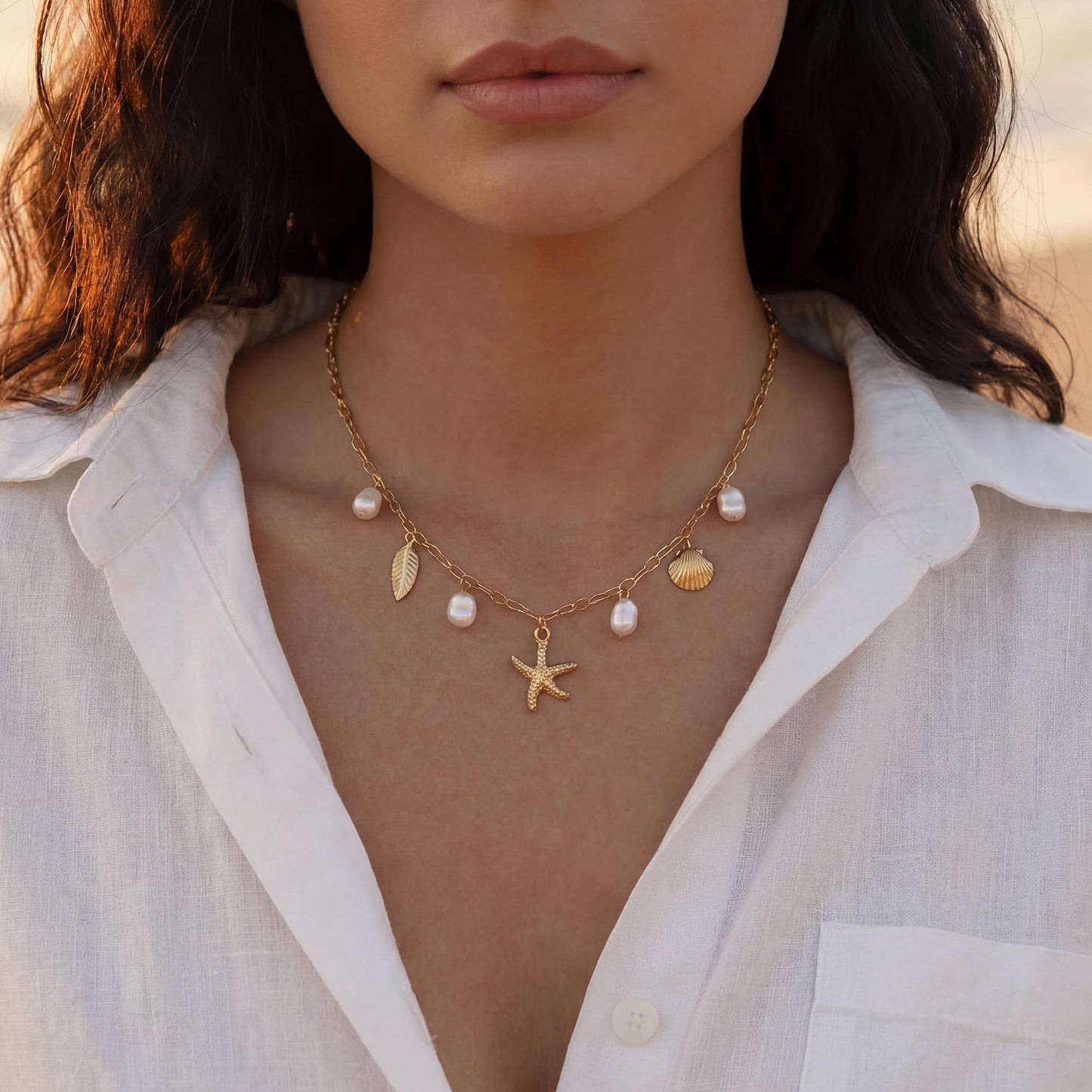 Shell Starfish Necklace for Women, 14k Gold Plated Boho Layered Beaded Charm Pendant Necklace, Dainty Adjustable Pearl Conch Summer Beach Vacation Jewelry Gifts(Starfish&Pearl)