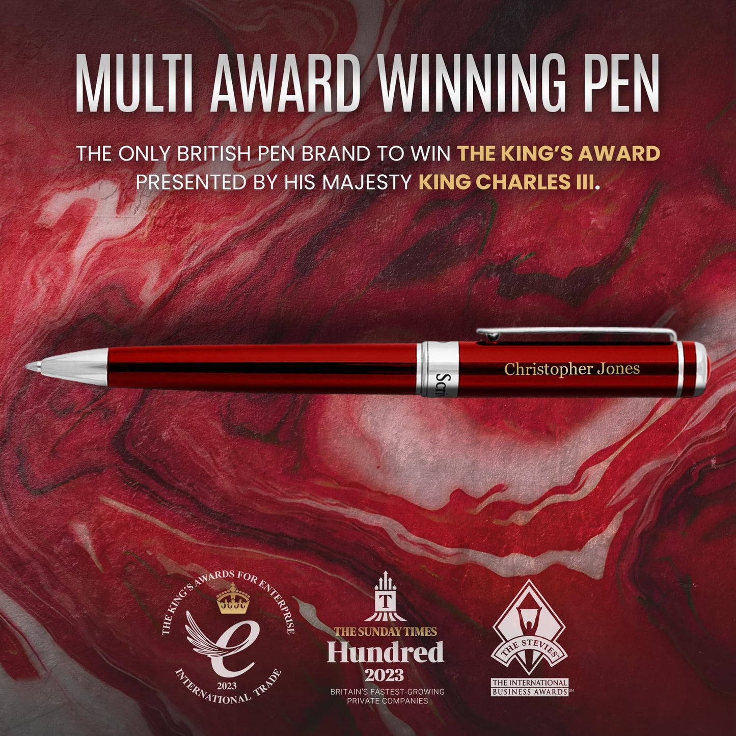 Scriveiner Personalized Deep Crimson Red Ballpoint Pen - Stunning Red Lacquer Luxury Pen with Chrome Finish, Schmidt Ink Refill, Engraved Ball Point Gift Set for Men & Women, Custom Engraving